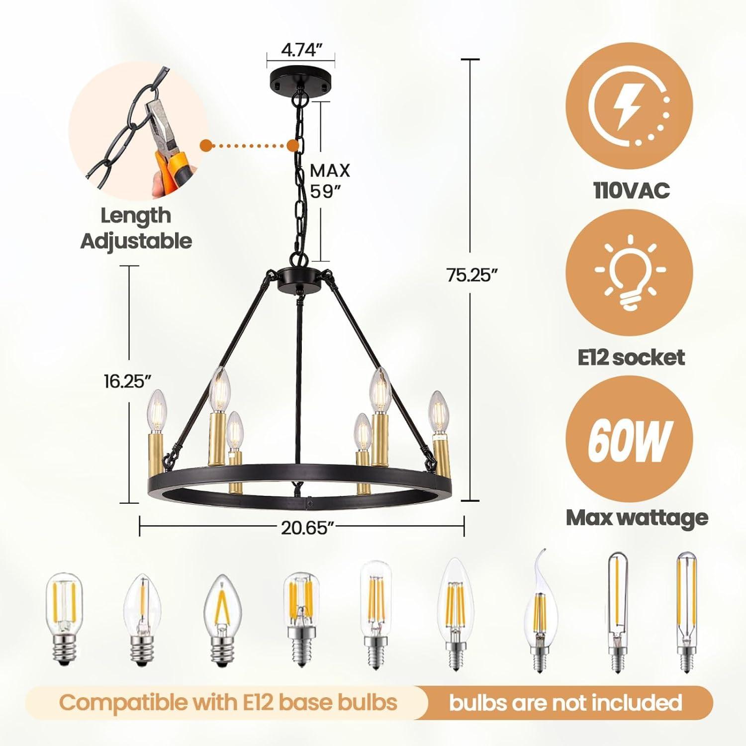 6-Light Black and Gold Chandelier, Farmhouse Wagon Wheel Chandelier, Round Chandeliers for Dining Room, Rustic Kitchen Island Iight Fixtures, Dining Room Light Fixtures Over Table