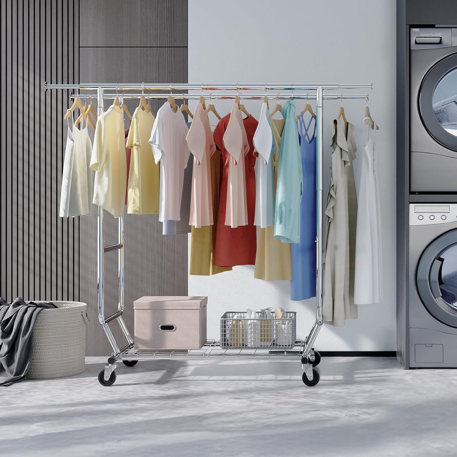 HOKEEPER Double Clothing Garment Rack with Shelves Capacity 600 lbs Clothing Racks on Wheels Rolling Clothes Rack for Hanging Clothes Heavy Duty Portable Collapsible Commercial Garment Rack Chrome