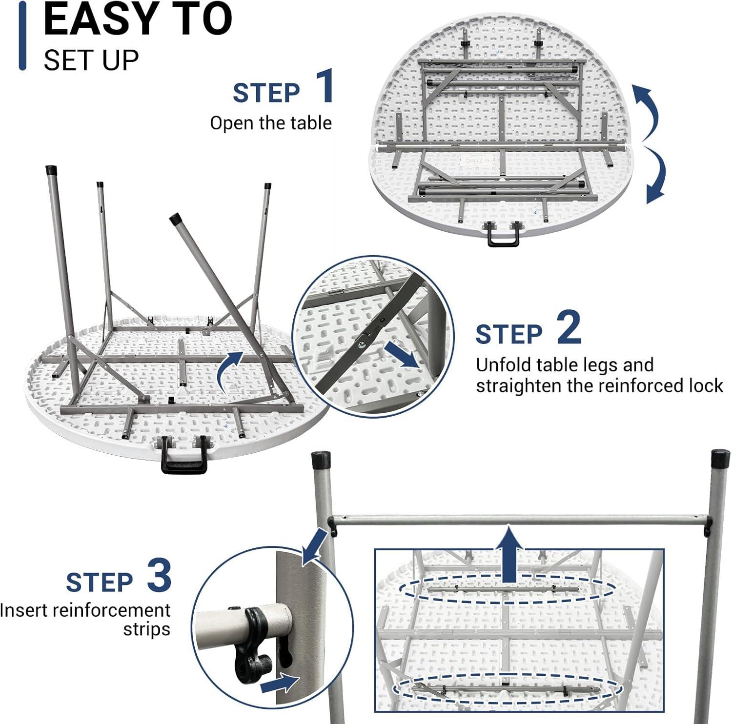 48-Inch White Round Folding Table with Steel Legs