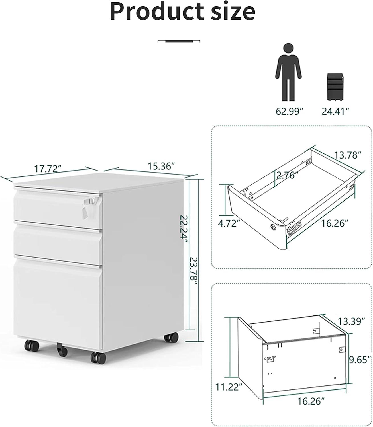 3 Drawer Mobile File Cabinet, Metal Filing Cabinets with Lock Wheels Under Desk, Lockable Rolling File Cabinet for Home Office, Fit Letter/Legal/A4 Size (White)