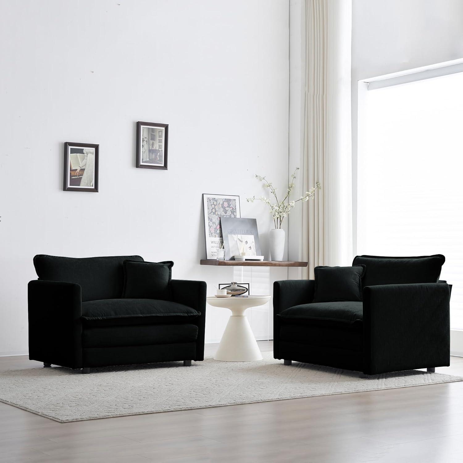 Black Chenille Oversized Modern Upholstered Armchair with Pillow