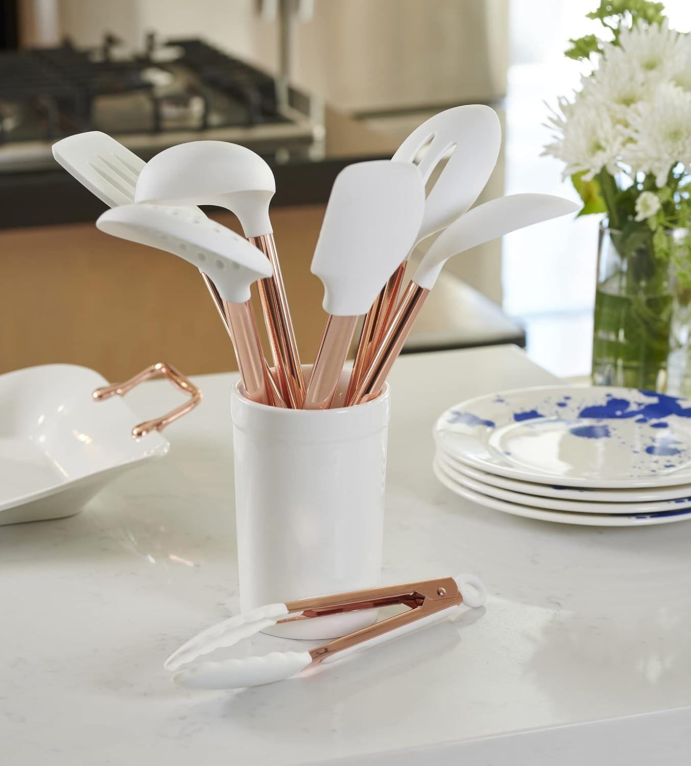 Servappetit Ceramic Rose 8PC Utensil Set w/Crock, Copper & Nylon, White & Rose Color C48