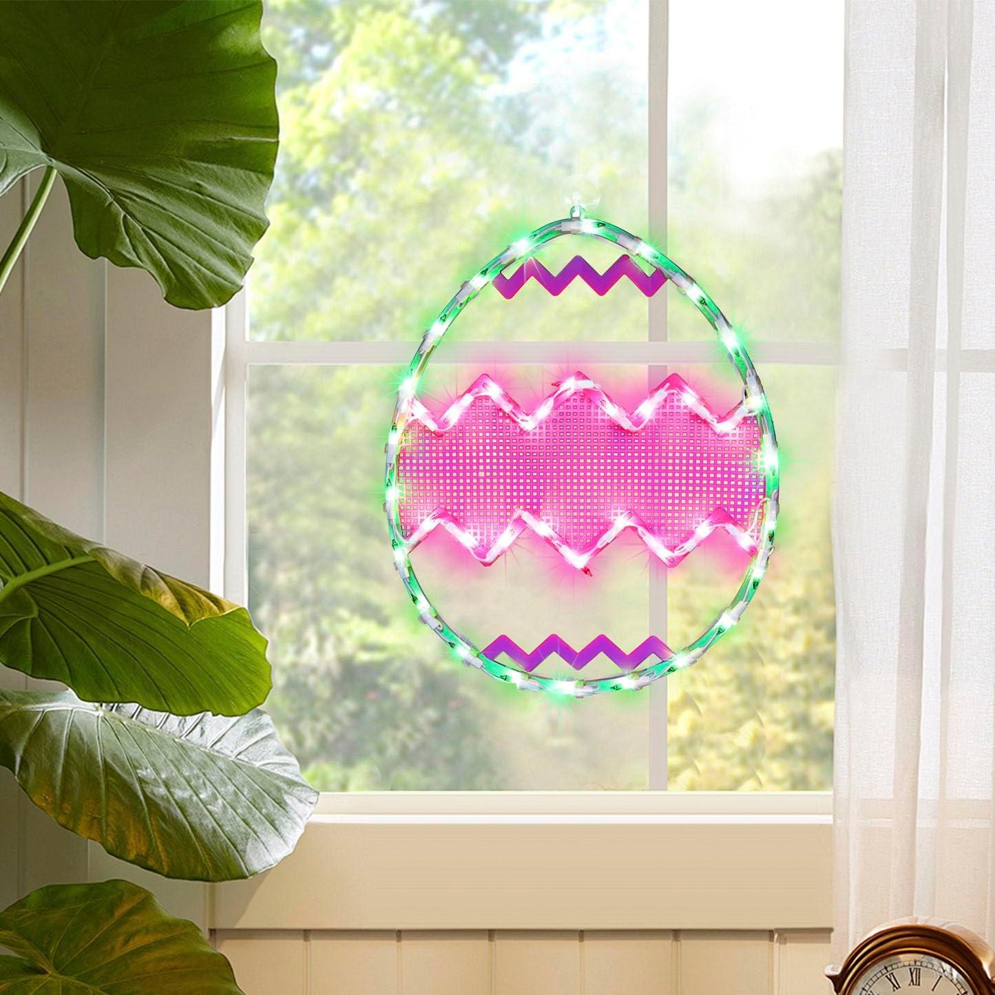 Northlight Lighted Chevron Stripe Easter Egg Window Decoration - 17" - Green and Pink