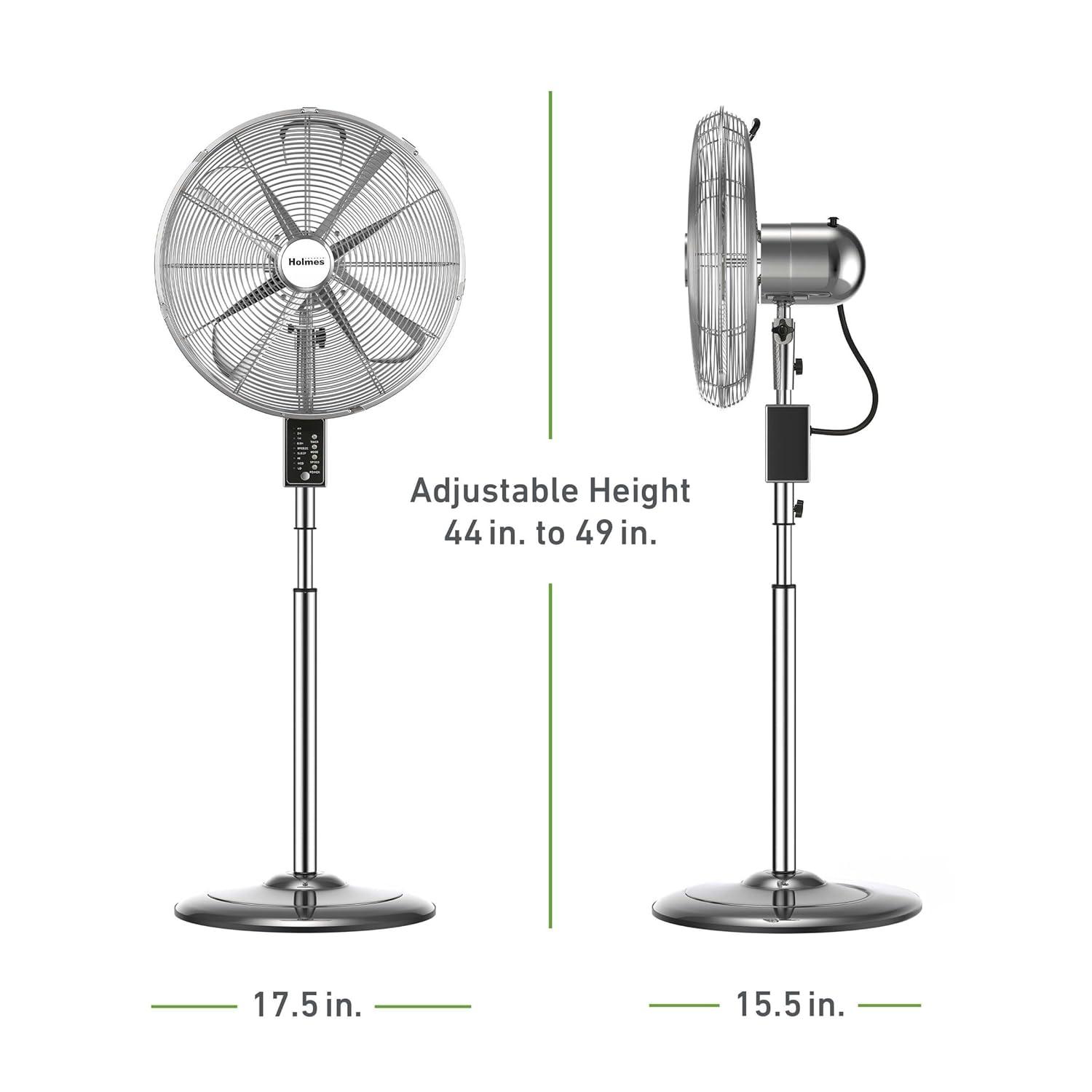 Holmes 16” Digital Oscillating Metal Stand Fan, 3 Speeds, Adjustable Height, Remote Control, Chrome