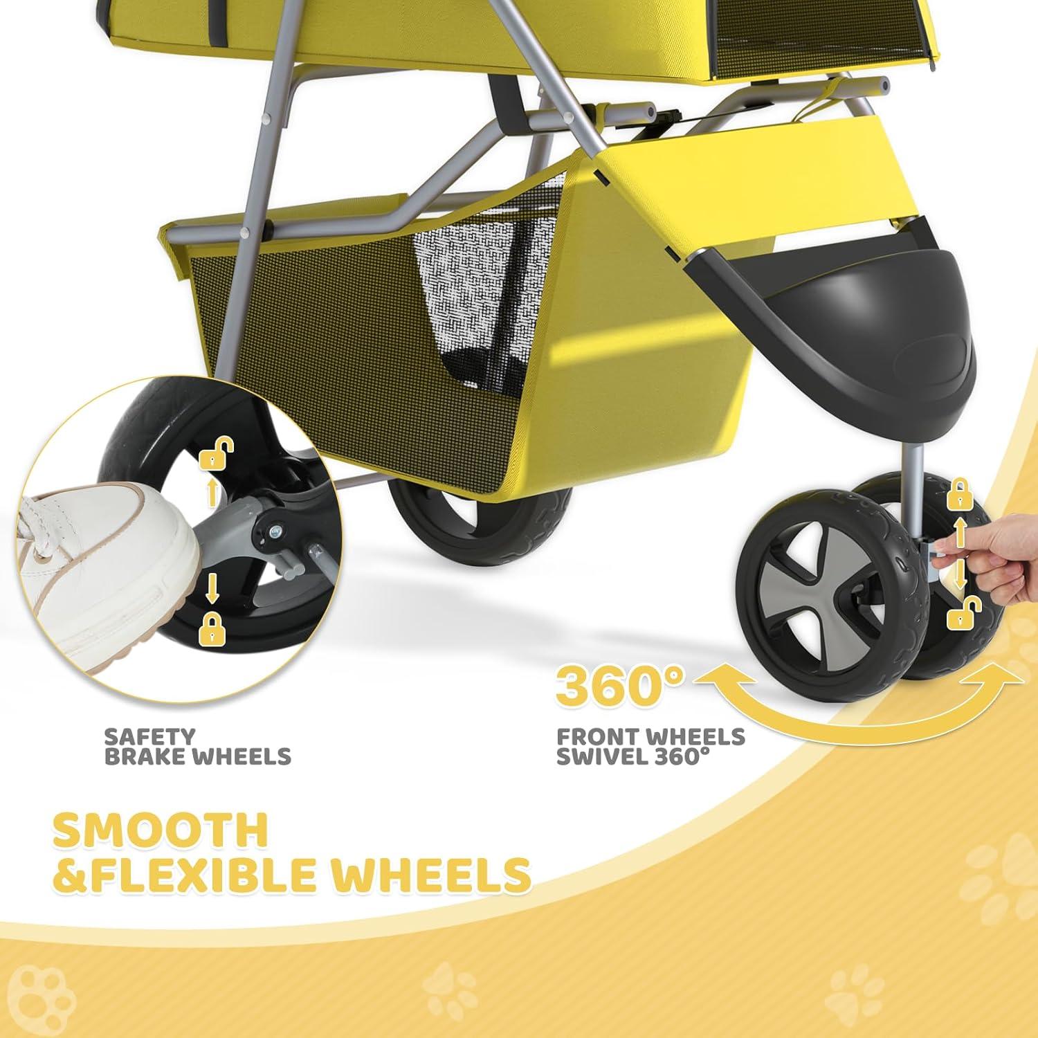 Zengpin 3-Wheel Pet Stroller, Foldable Travel Jogger for Small & Medium Dogs & Cats (Up to 33lbs), Lightweight Carrier with Breathable Mesh Cover, Cup Holder & Storage Basket, Yellow