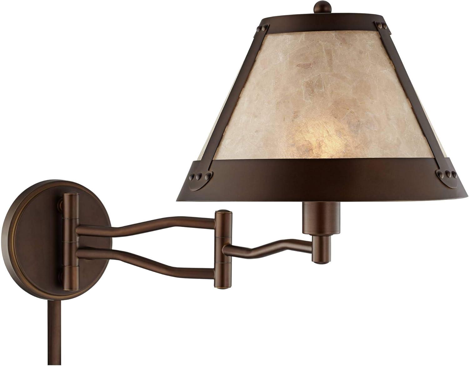 Franklin Iron Works Samuel Rustic Farmhouse Swing Arm Wall Lamp Bronze Plug-in Light Fixture Natural Mica Shade for Bedroom Bedside Living Room House