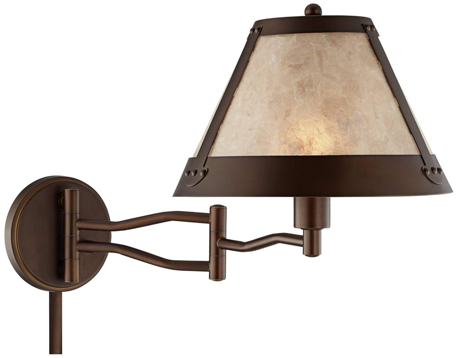 Franklin Iron Works Samuel Rustic Farmhouse Swing Arm Wall Lamp Bronze Plug-in Light Fixture Natural Mica Shade for Bedroom Bedside Living Room House