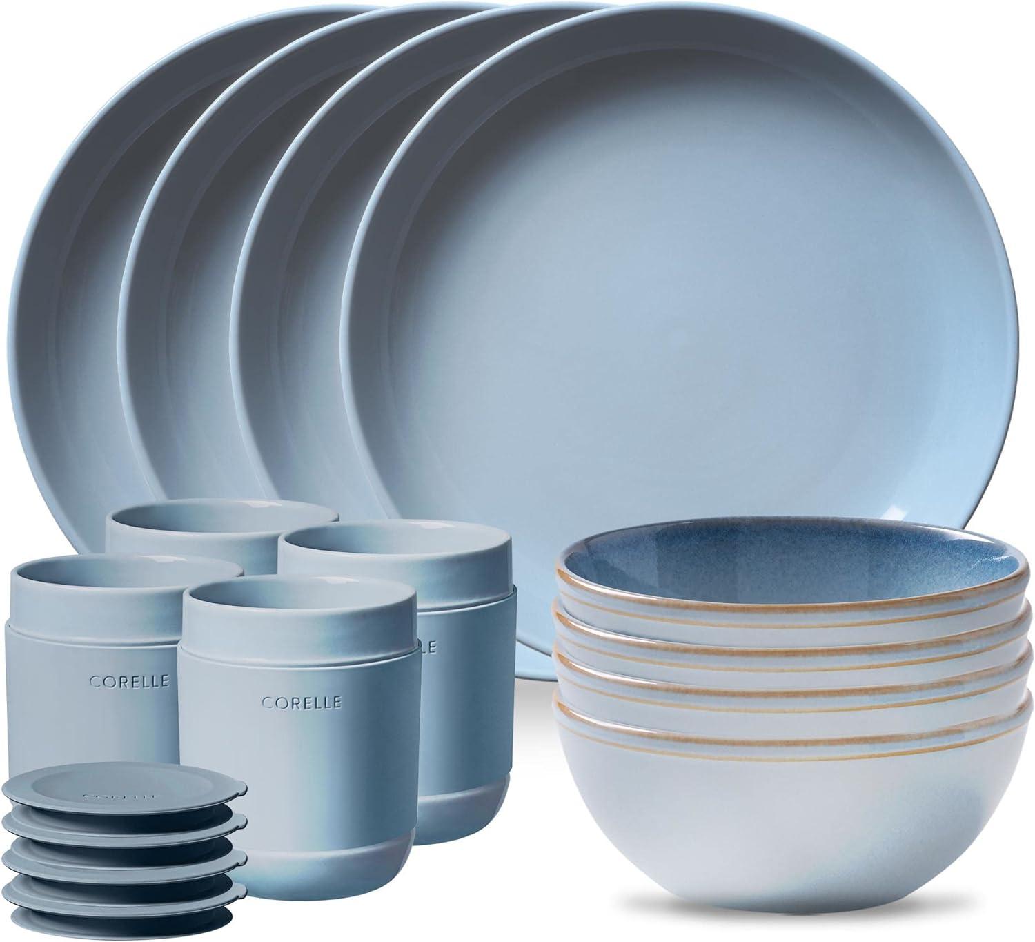 Nordic Blue Ceramic 16-Piece Dinnerware Set with Tumblers