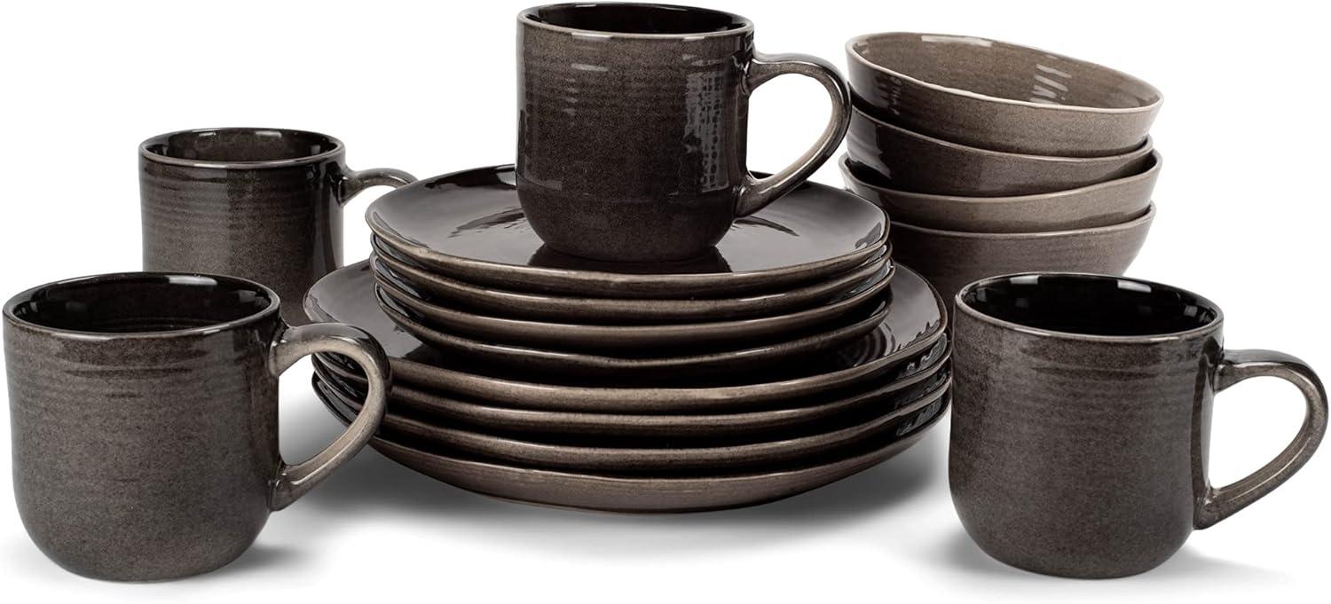 Elanze Designs 16-Piece Reactive Glaze Ceramic Stoneware Dinnerware - Service for 4, Mocha Grey Ombre