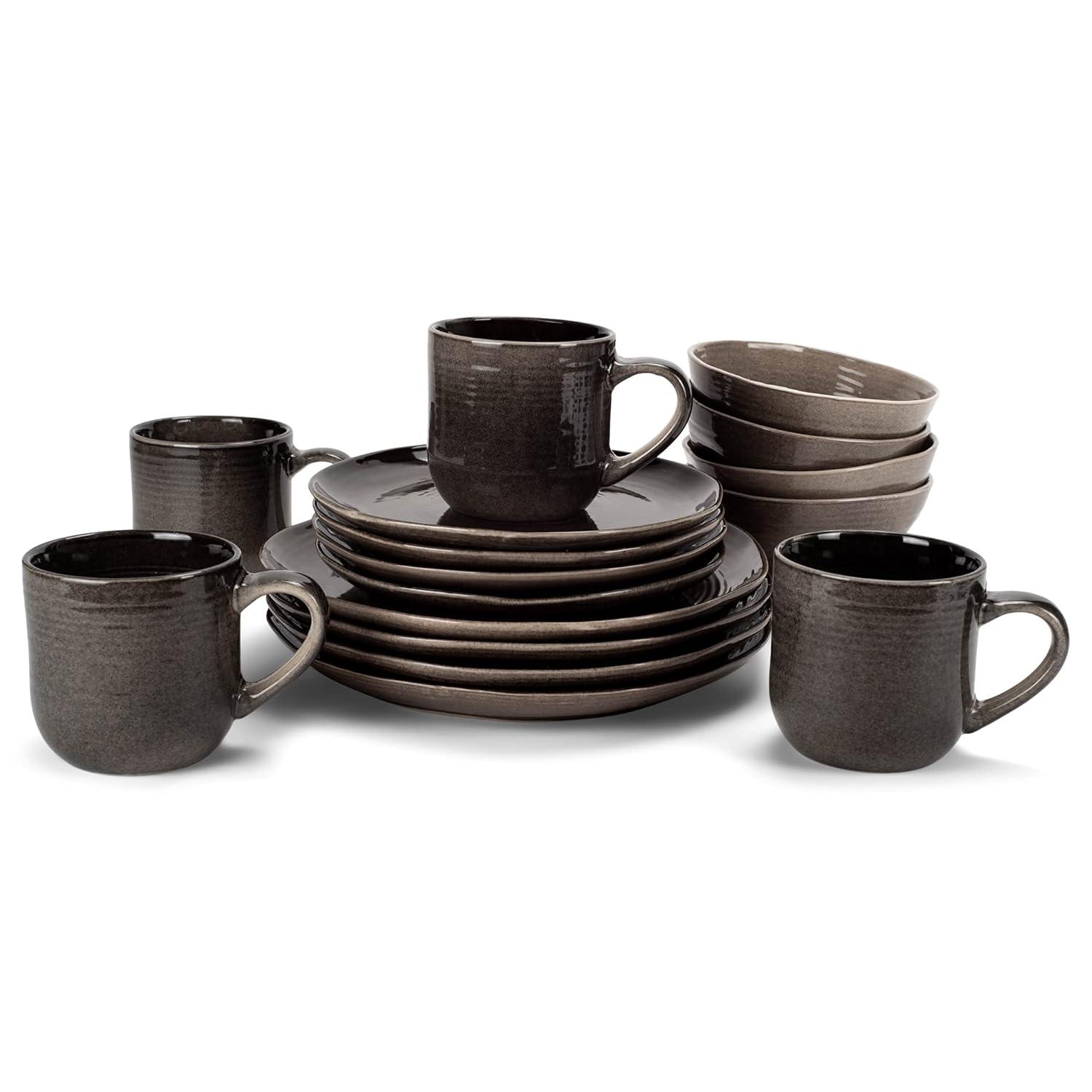 Elanze Designs 16-Piece Reactive Glaze Ceramic Stoneware Dinnerware - Service for 4, Mocha Grey Ombre