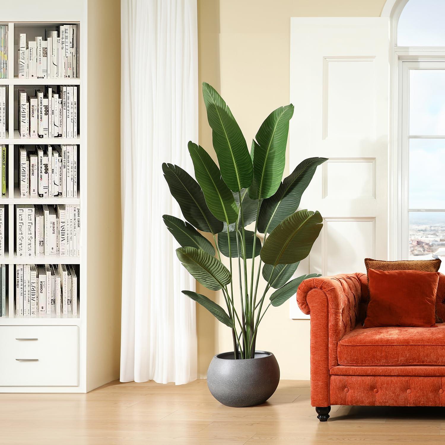 Artificial Bird of Paradise Plants 6 Ft Fake Tropical Palm Tree with 13 Trunks in Pot and Woven Seagrass Belly Basket Perfect Faux Plant for Home Indoor Outdoor Office Modern Decor Green 1Pc…