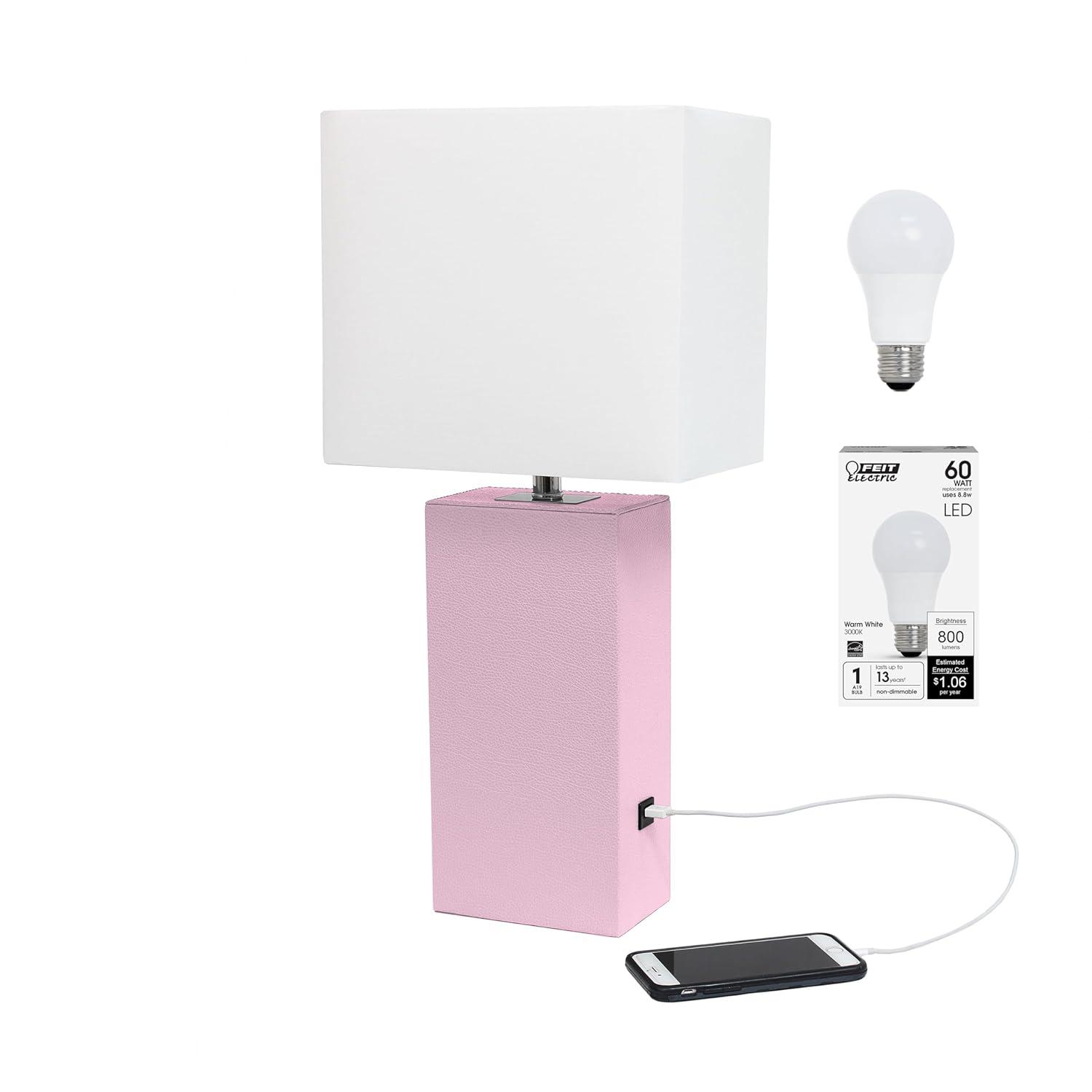 Elegant Designs 21" Modern Leather Wrapped Table Lamp with USB Port and Feit LED (Includes LED Light Bulb) Light Pink