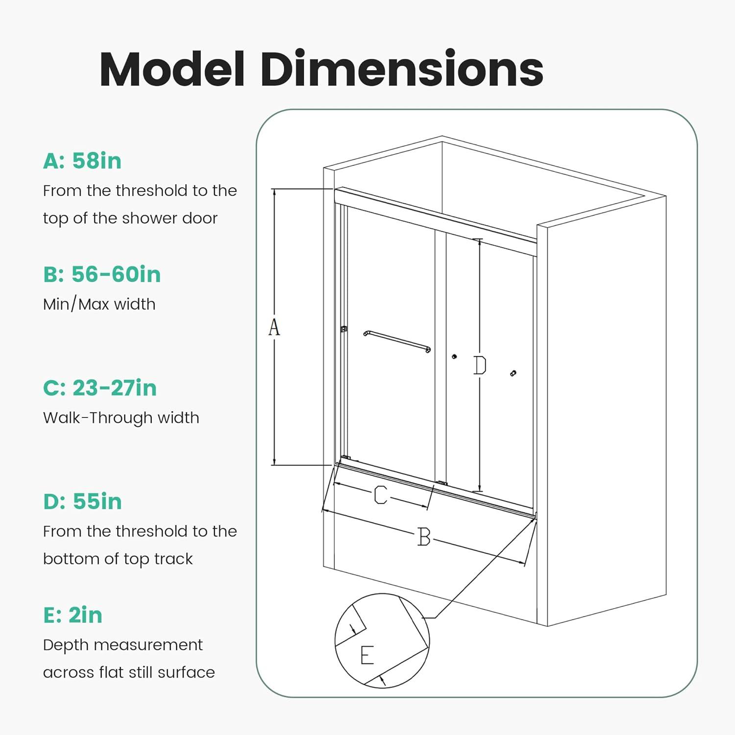 Chrome Semi-Frameless Double Sliding Bathtub Shower Door, 60" W x 58" H