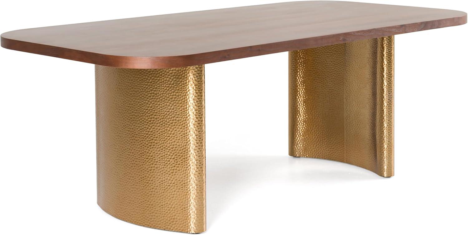 Walnut and Gold Rectangular Dining Table with Double Pedestal Base