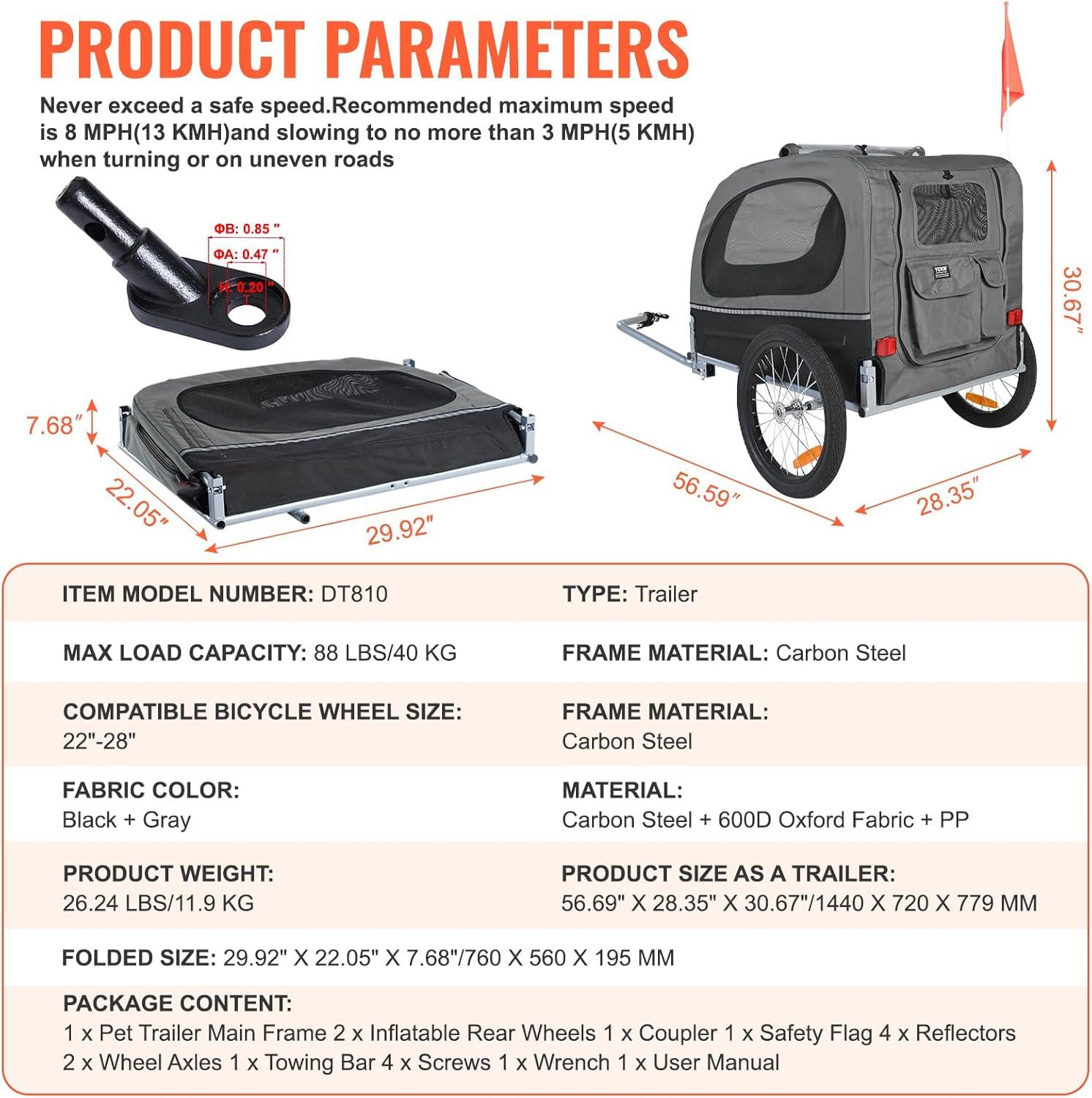 Gray and Black Dog Bike Trailer with Quick Release Wheels