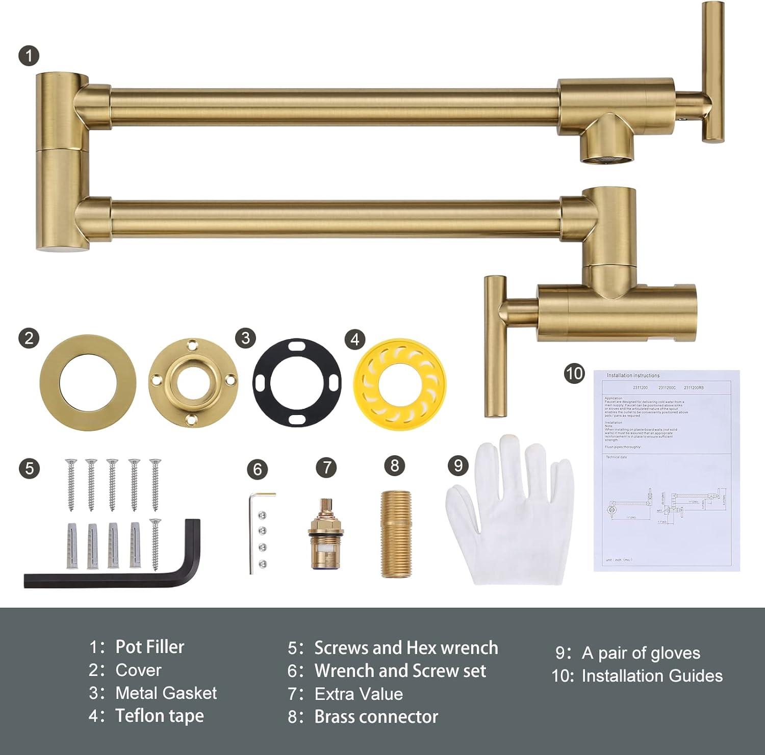 Brushed Gold Wall-Mount Dual Handle Pot Filler Faucet