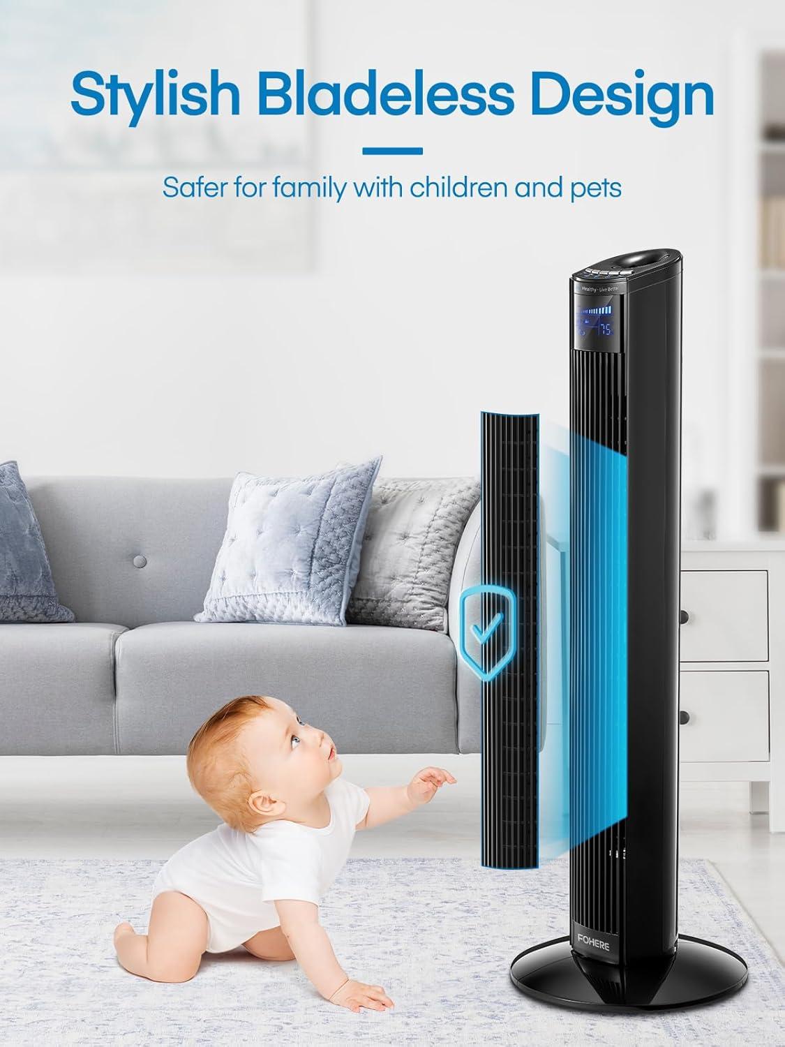 FOHERE Tower Fan, 36" Oscillating Tower Cooling Fan with Remote Control, 12-Hour Timer and Sleep Mode, Portable Stand up Floor Bladeless Fan (Black)