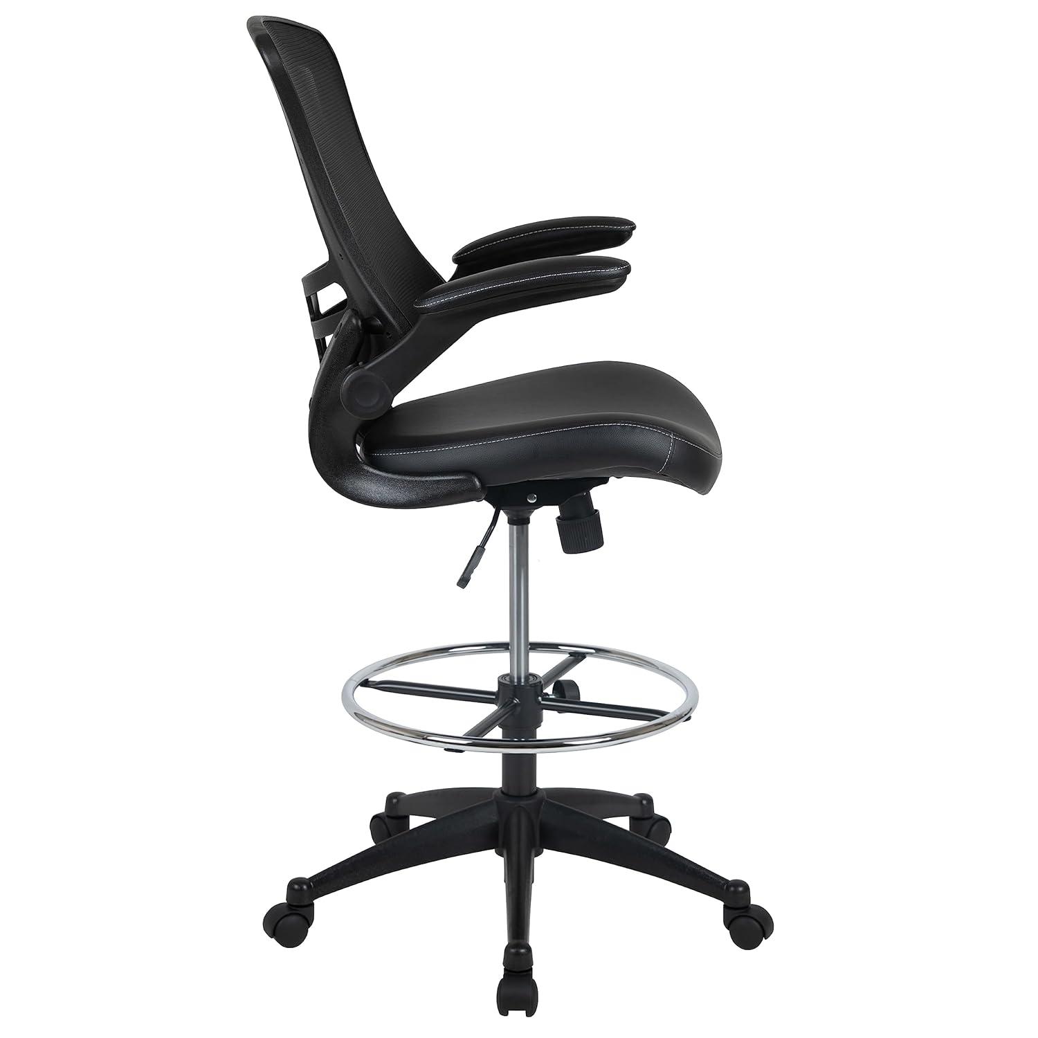 Flash Furniture Kelista Mid-Back Black Mesh Ergonomic Drafting Chair with LeatherSoft Seat, Adjustable Foot Ring and Flip-Up Arms