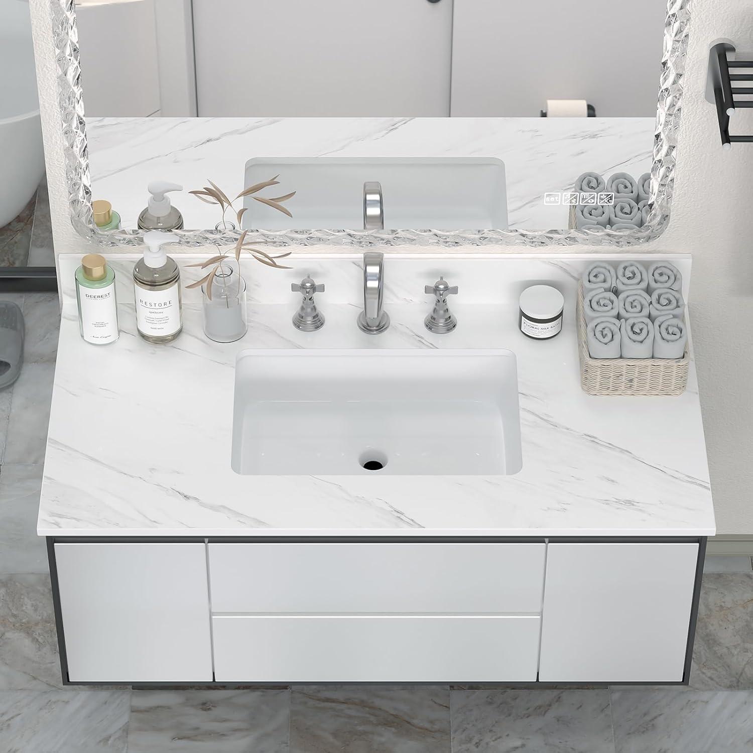 43 Inch Bathroom Vanity Top, Elegant White Sintered Stone Vanity Top with Rectangle Undermount Ceramic Sink and Top Backsplash, 43" Vanity Sink Top - 3 Holes, No Cabinet