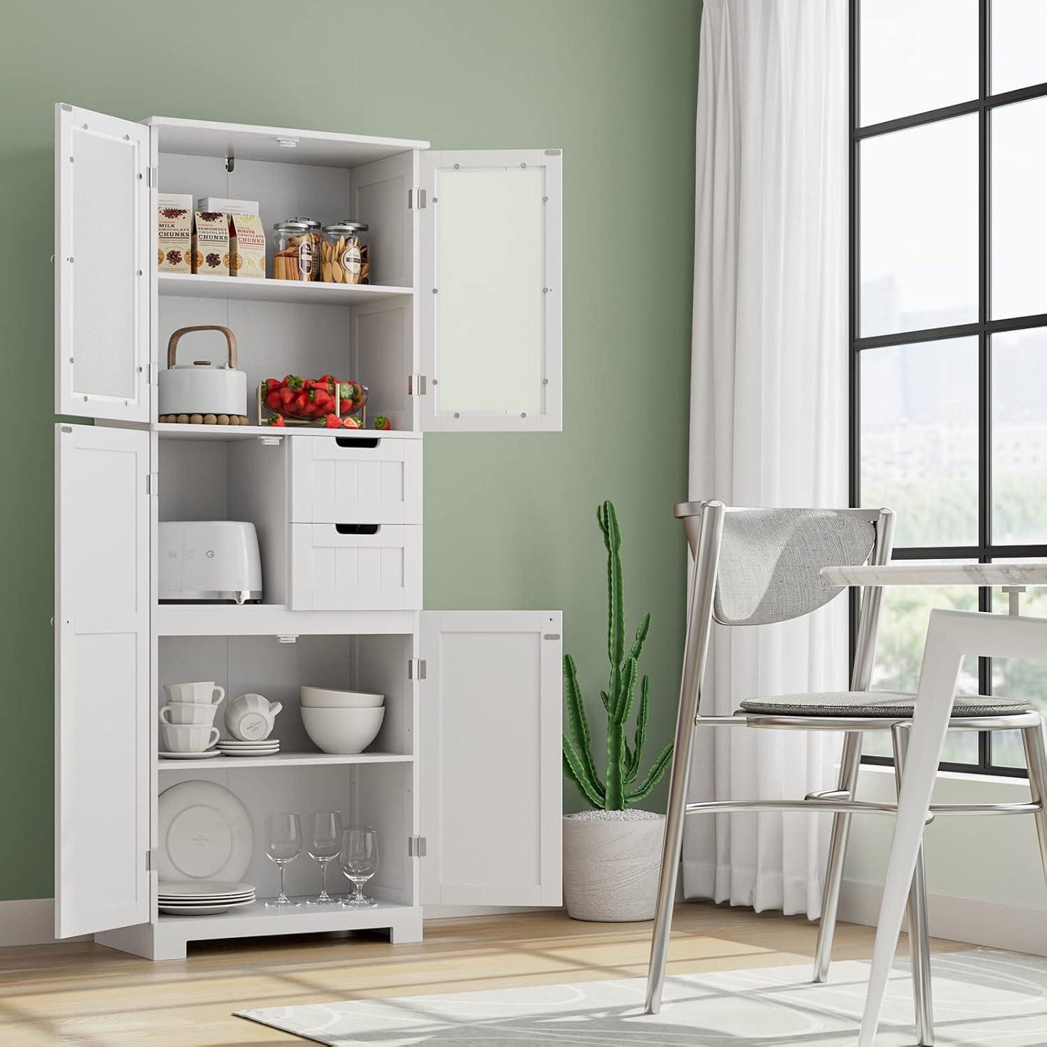 67'' White Tall Storage Cabinet with Glass Doors and Shelves