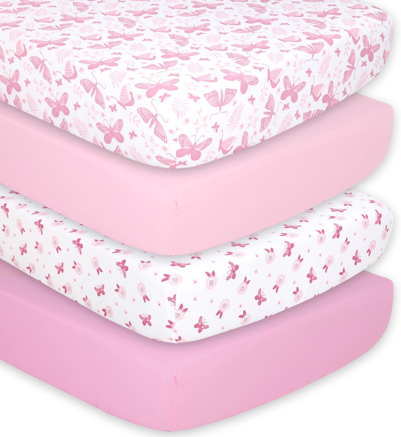 The Peanutshell Pink Butterfly 4-Pack Crib Fitted Sheet Set in Pink/White