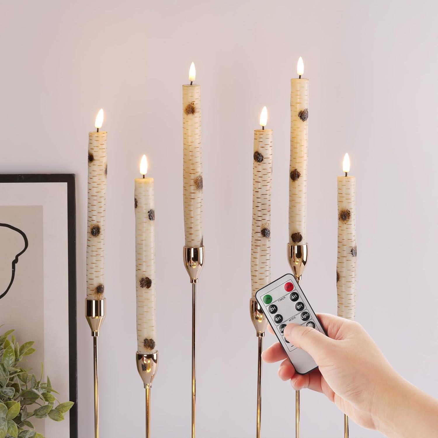 Birch Bark Flameless LED Taper Candles with Remote, Set of 6