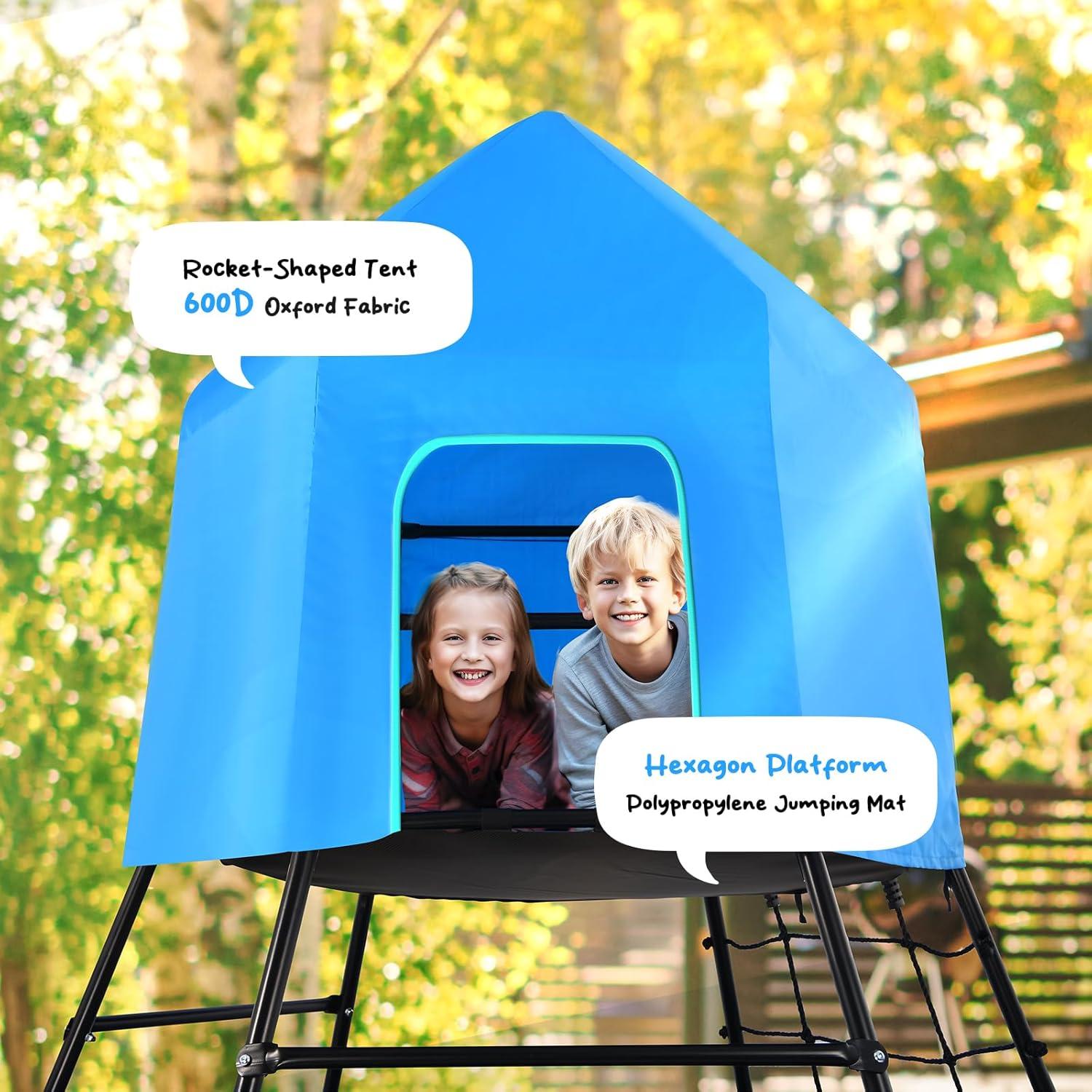 Blue Metal Climbing Jungle Gym with Fort and Tent