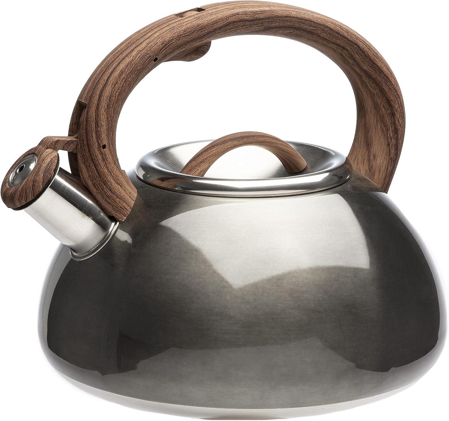 Gunmetal Stainless Steel Whistling Kettle with Woodgrain Handle, 2.5 Qt