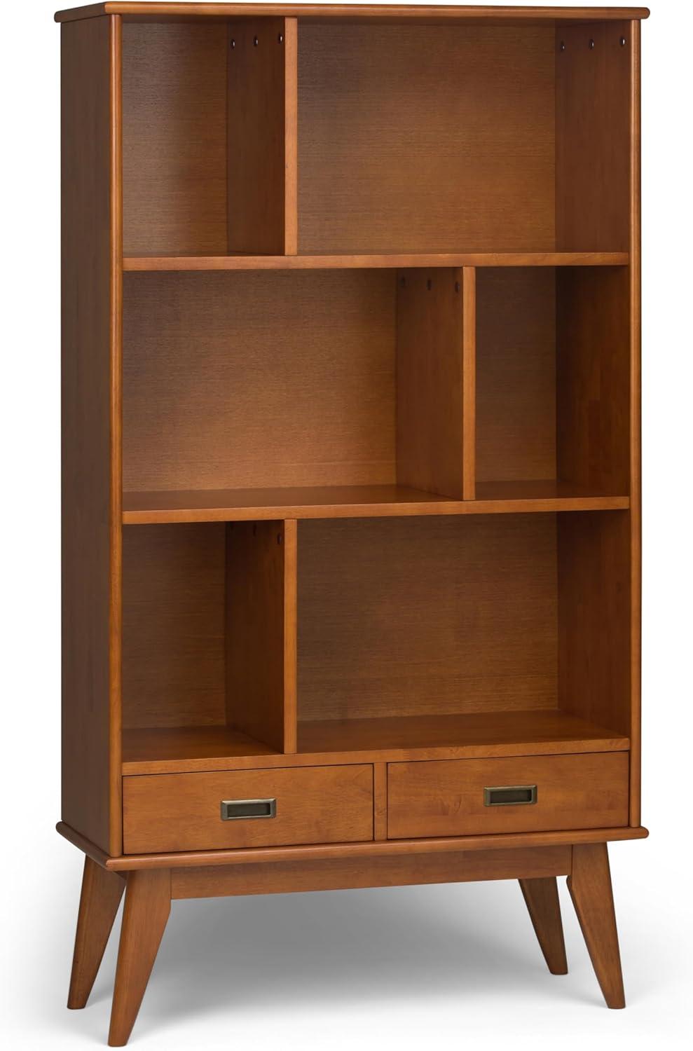 Simpli Home Draper 35"W Solid Hardwood 6 Shelf Compartment Mid-Century Modern Wide Bookcase with 2 Drawers