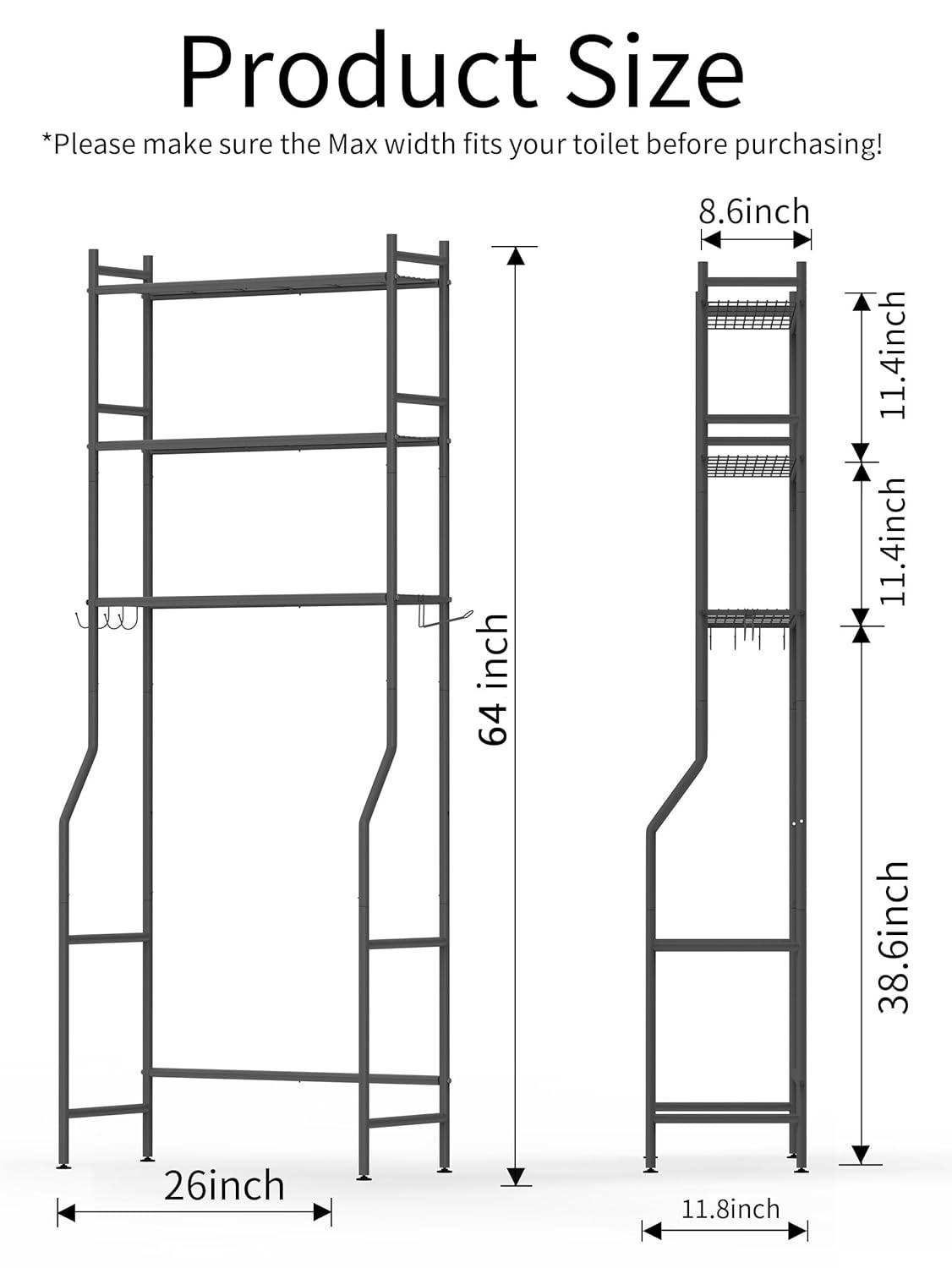 3-Tier Over The Toilet Storage, Space Saver Metal Bathroom Shelves, Freestanding Above Over Toilet Storage Shelf With 4 Hooks For Bathroom, Black