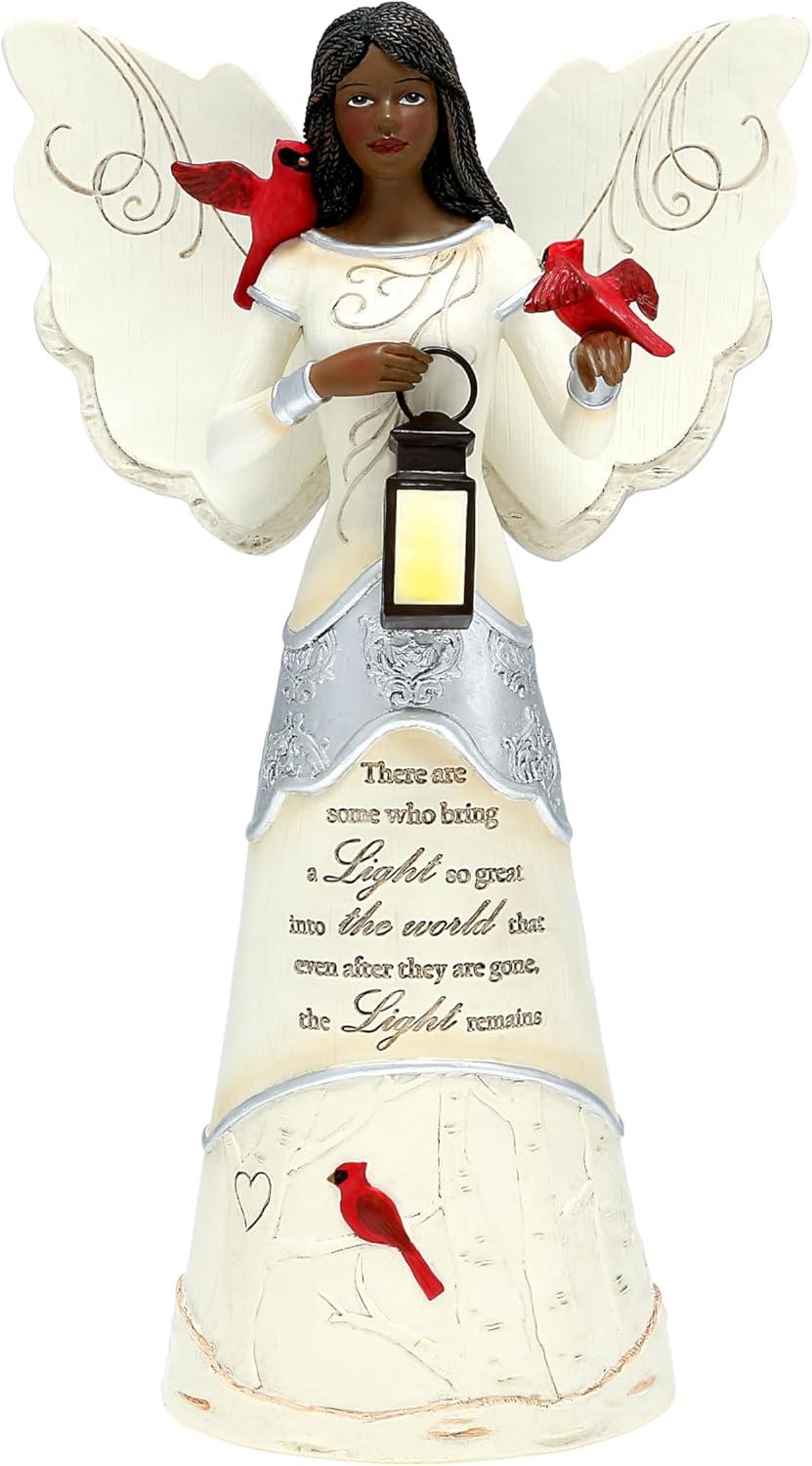 Ebony Angel Figurine with Lantern and Cardinals, 9" Resin Memorial Statue