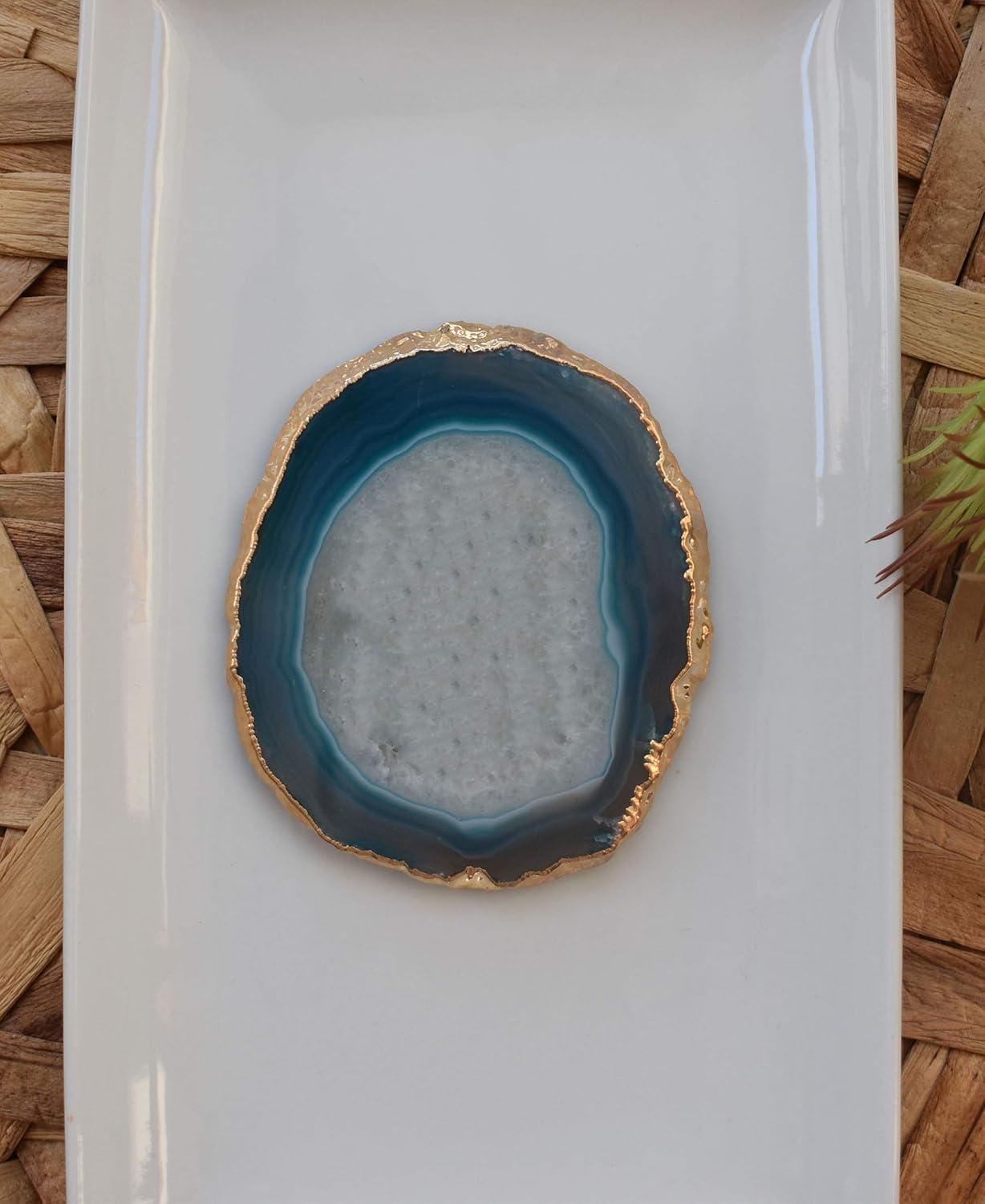 Nature's Decorations Teal Gold Rimmed Agate Stone Coasters - Set of 4, Polished Geode Drink Mats for Dining & Coffee Table & Kitchen Geode Decor Non-Toxic 3.5-4" Diameter