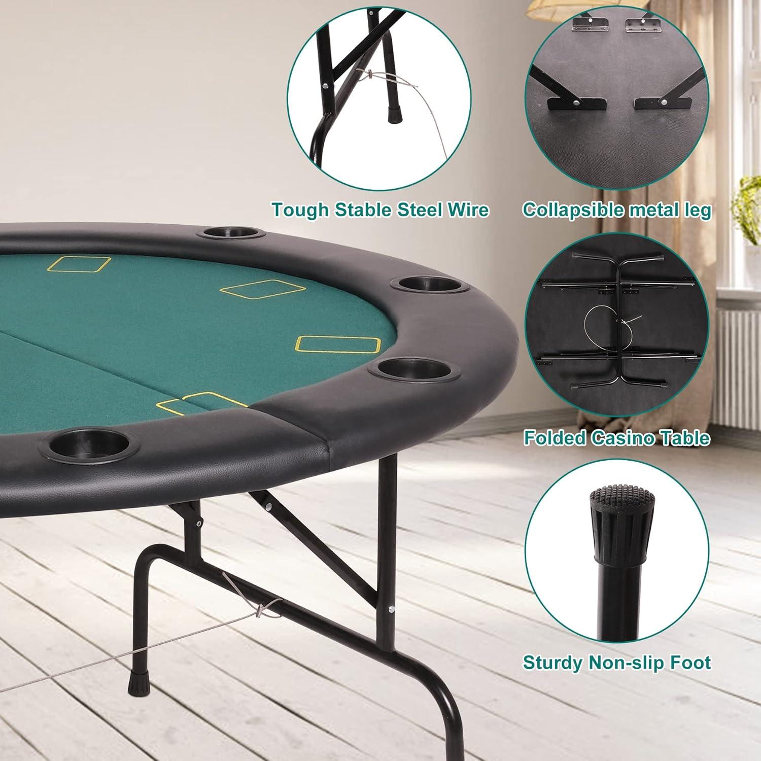 CARSTY 8-Player Round Folding Poker Table with Cup Holders, Casino Grade Green Felt Surface for Texas Hold'em, Blackjack, Board Games