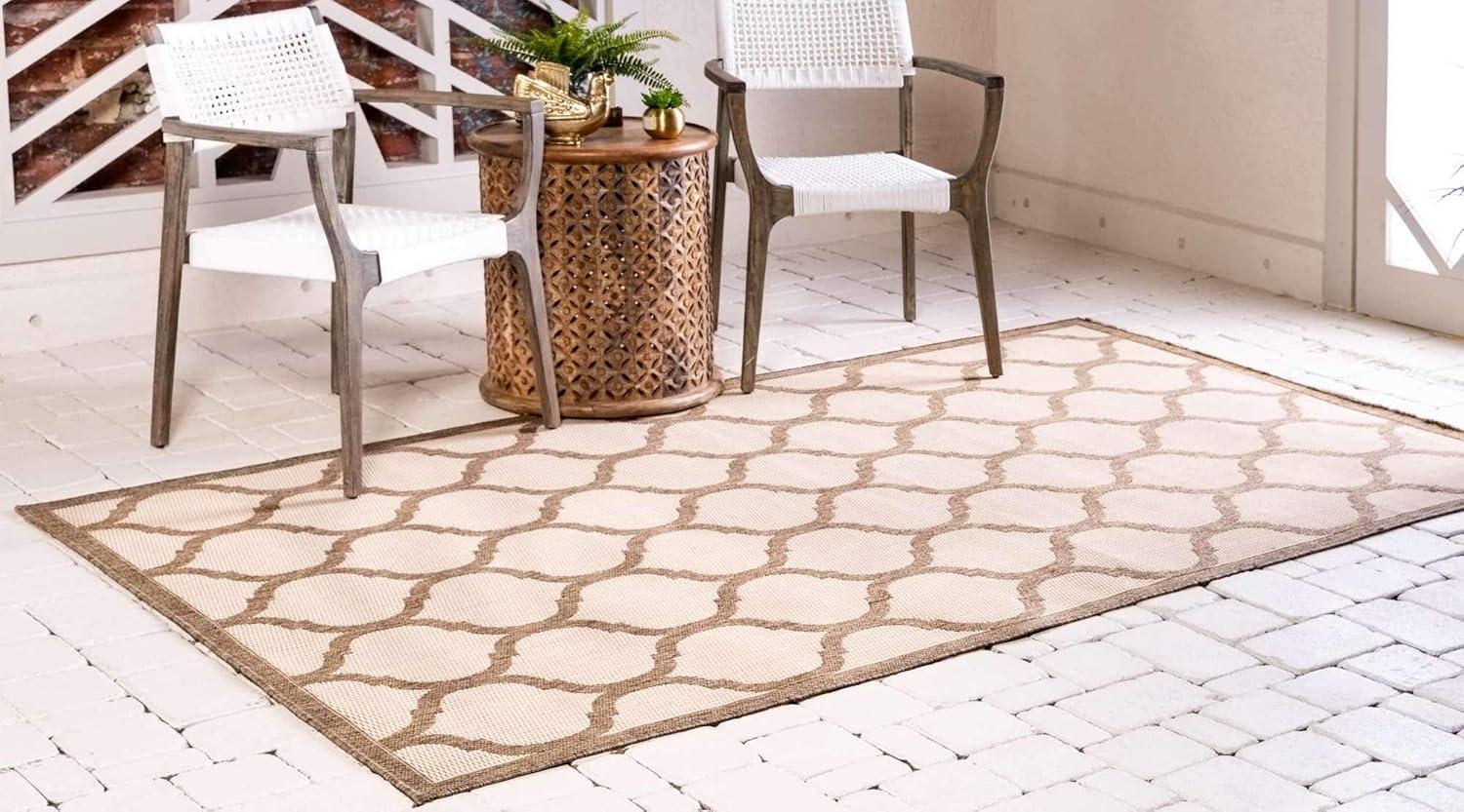 Brown and Beige Rectangular Outdoor Synthetic Rug