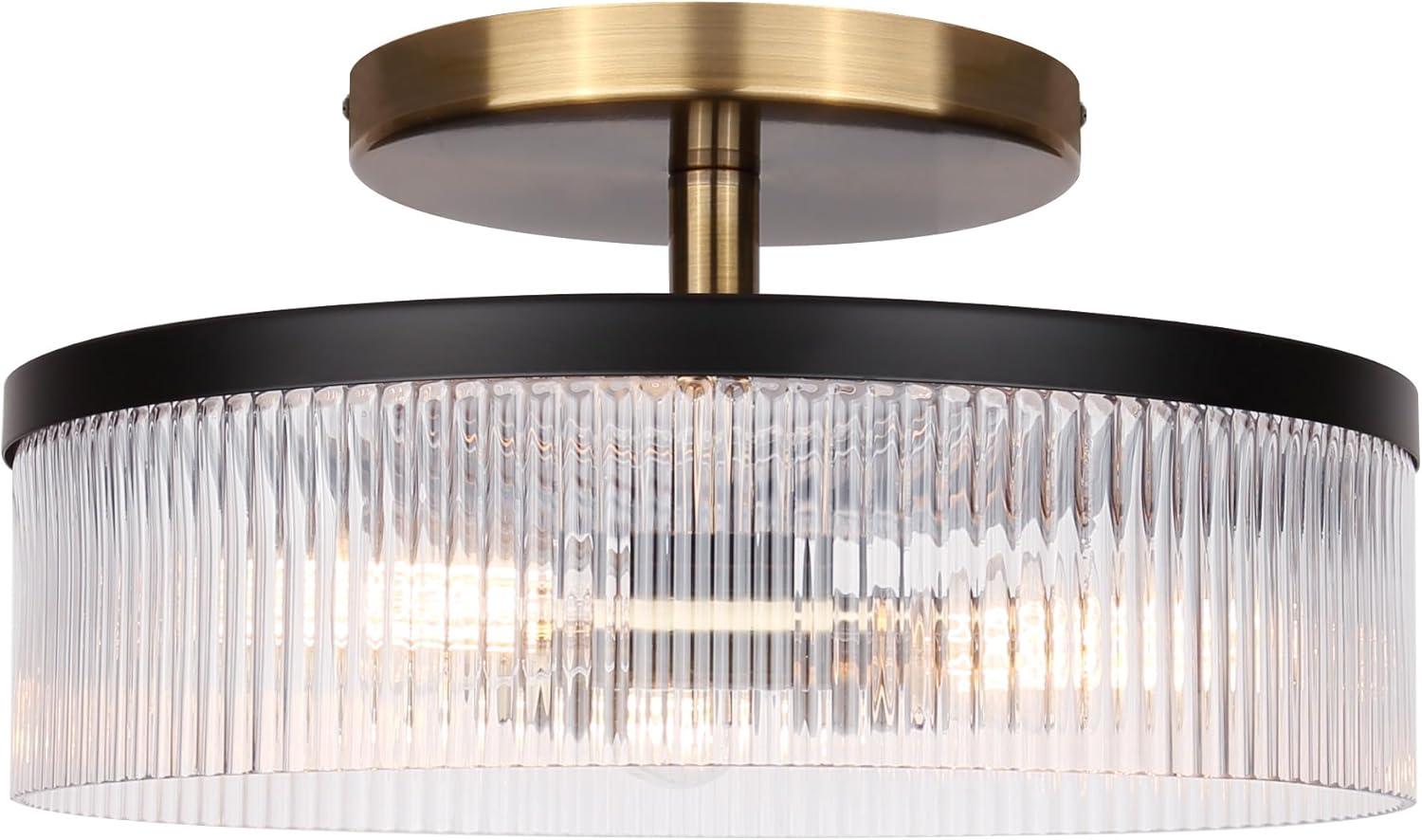 Matte Black and Gold Drum Semi-Flush Mount with Ribbed Glass