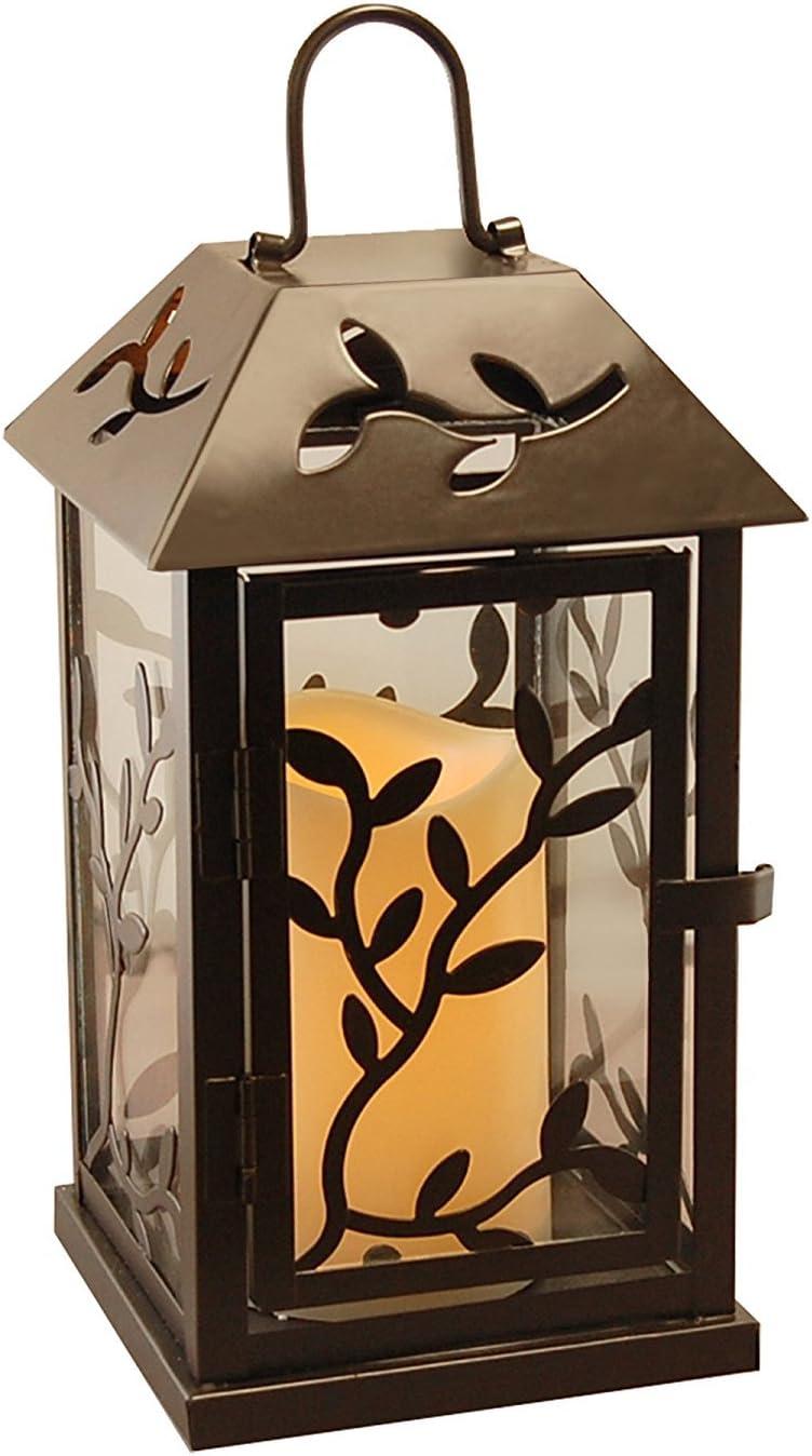 Bronze Floral Print LED Lantern with Flameless Candle