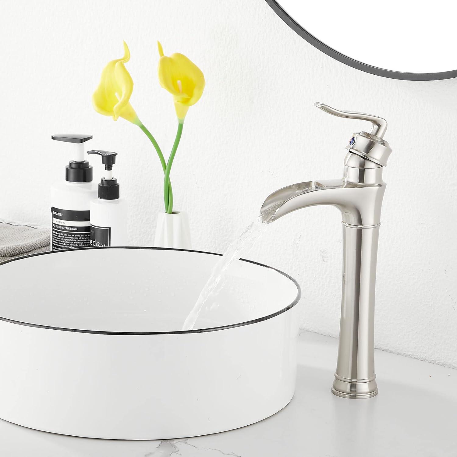 Waterfall Bathroom Faucet Brushed Nickel GGStudy Single Handle One Hole Tally Body Farmhouse Bathroom Vessel Sink Faucet Matching with Pop Up Drain