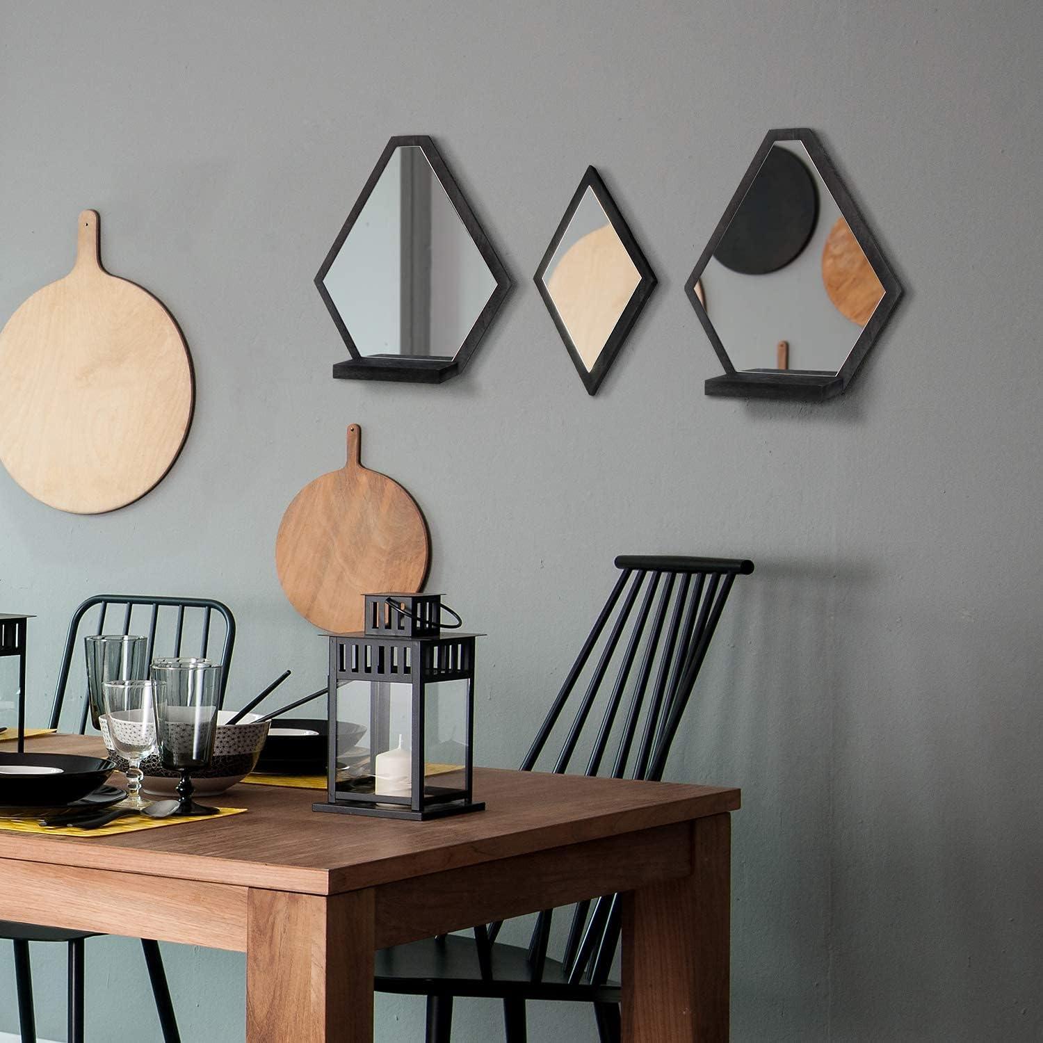 Design Wall Mount Decorative Mirrors- Set of 3, Geometric Rustic Wood Real Mirror with Shelf for Bedroom, Bathroom, Living Room, Kitchen Wall Art Décor