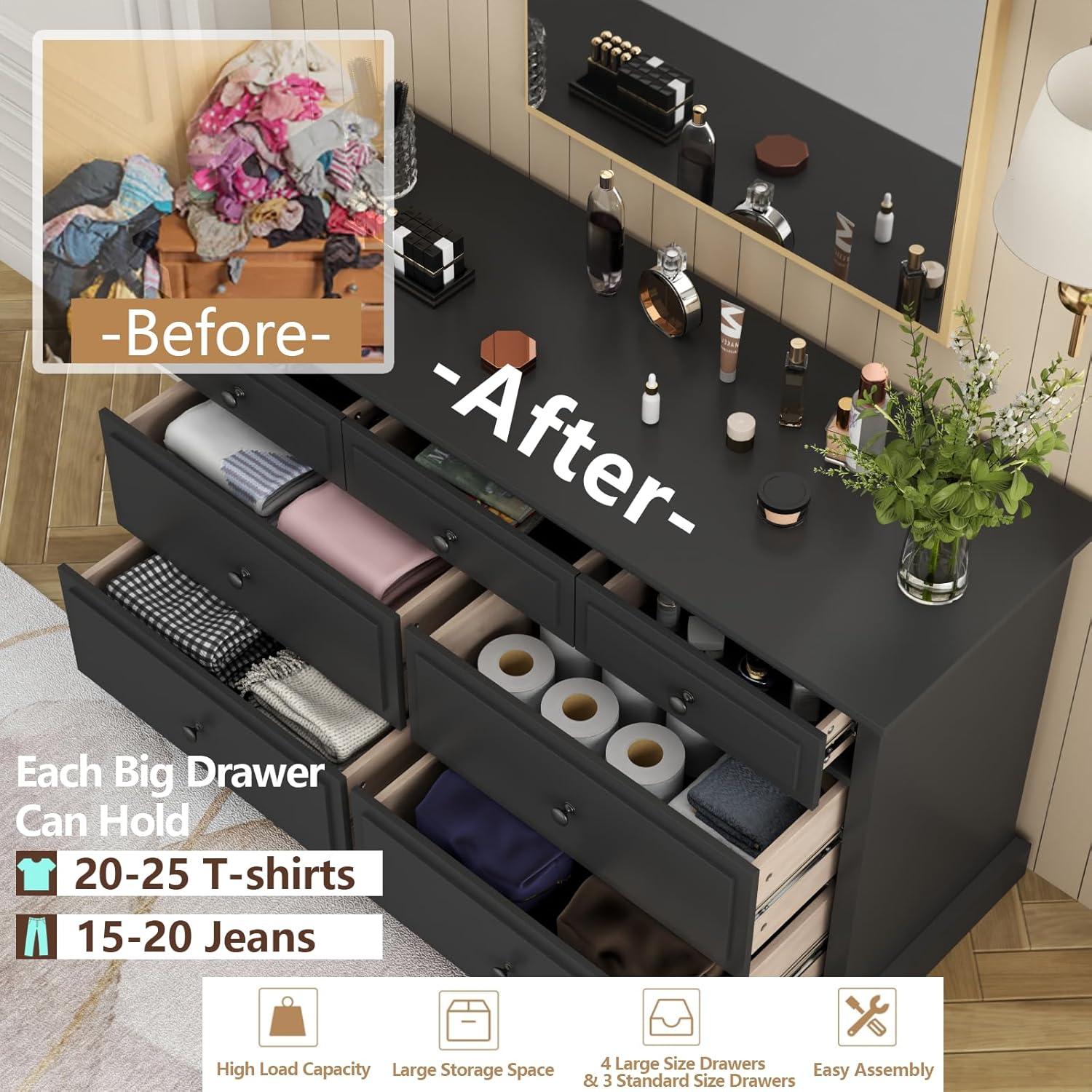 Winston Porter Raydyn 7 Drawers White Double Dressers Chests for Bedroom, Large Storage Dressers Organizer for Bedroom, Long Dresser Tv Stand, Vintage Solid Tall Closet Dressers with Storage for Living Room, Hallway