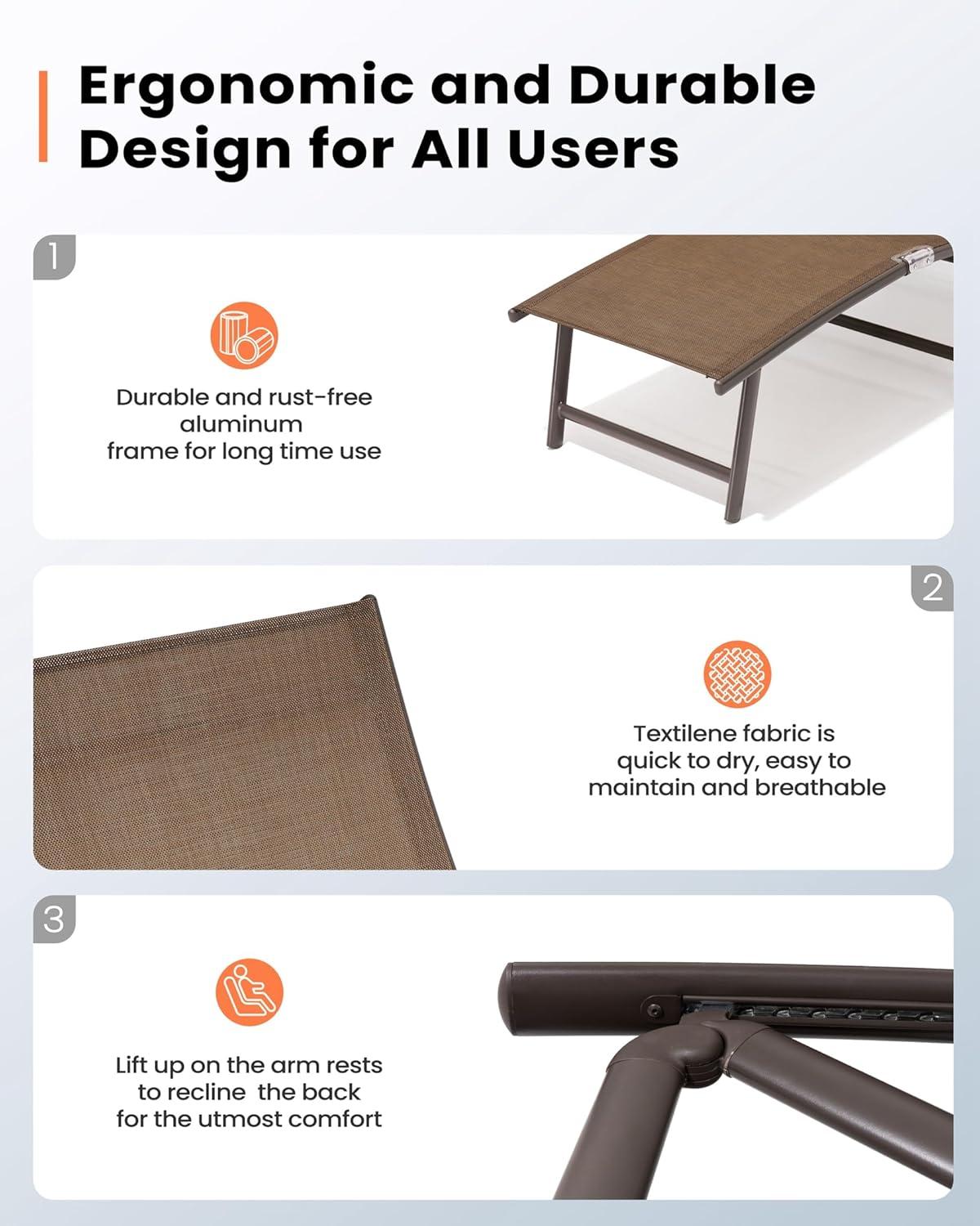 Pellebant Outdoor Chaise Lounge Aluminum Patio Folding Chair,Brown