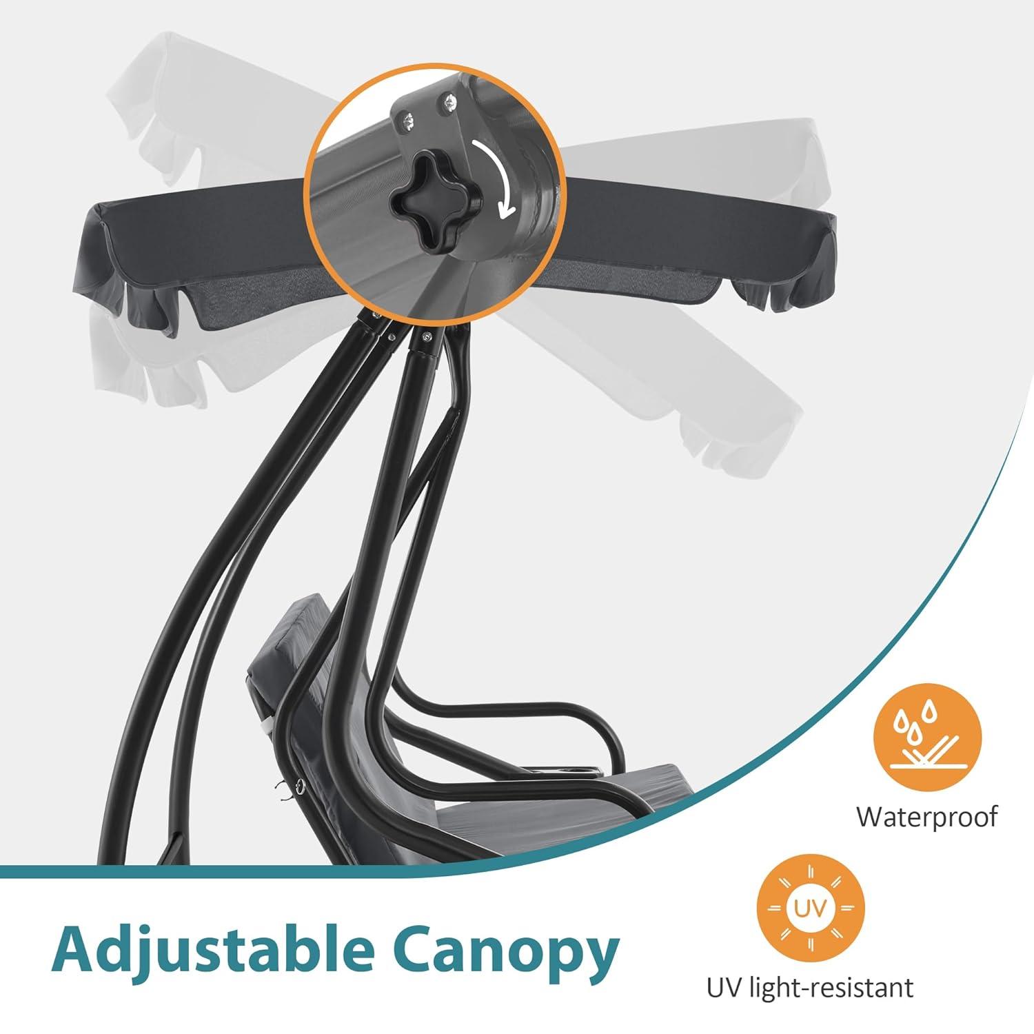 MCombo 3 Seat Patio Swing Chair, Outdoor Swing with Adjustable Canopy, Porch Swing