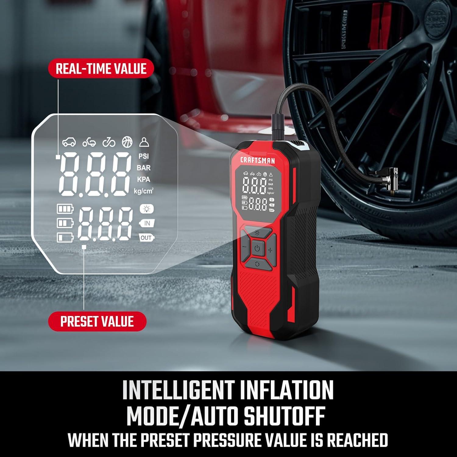 CRAFTSMAN Tire Inflator Portable Air Compressor, Cordless Mini Air Pump for Car Tires with Digital Tire Pressure Gauge, 6000mAh Battery Powered Air Pump, Max Pressure 150 PSI, 12V DC Corded