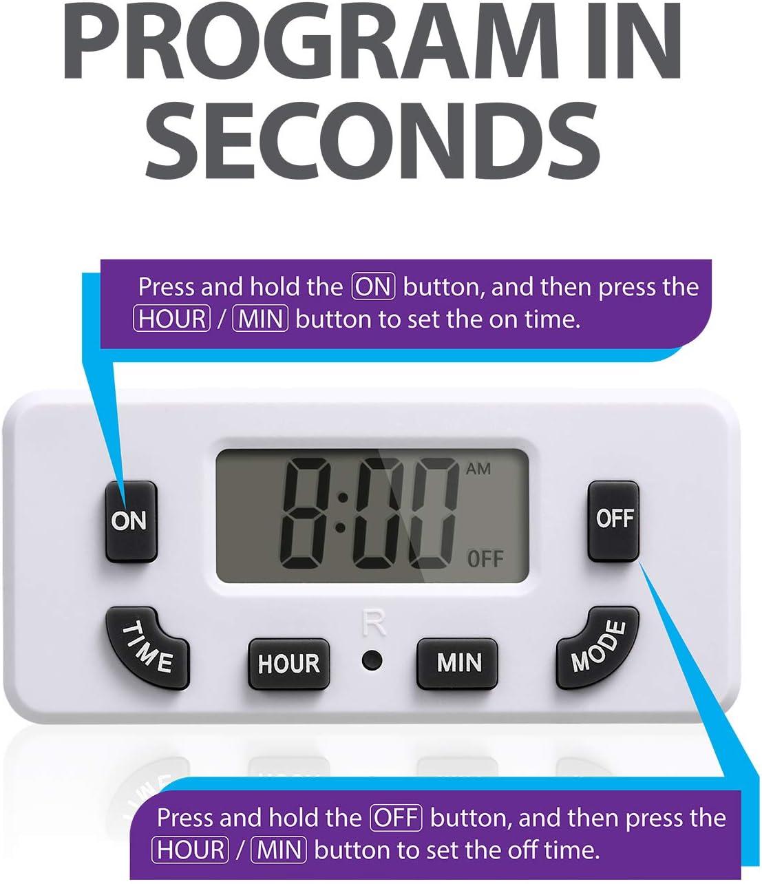 Fosmon 24 Hour Programmable Digital Timer Outlet (2 Pack), ON/Off Program, LCD Display, Mini Indoor Single Plug-in, 125V 15A for Seasonal Light, Lamp, Heater, Portable Fan, Aquarium