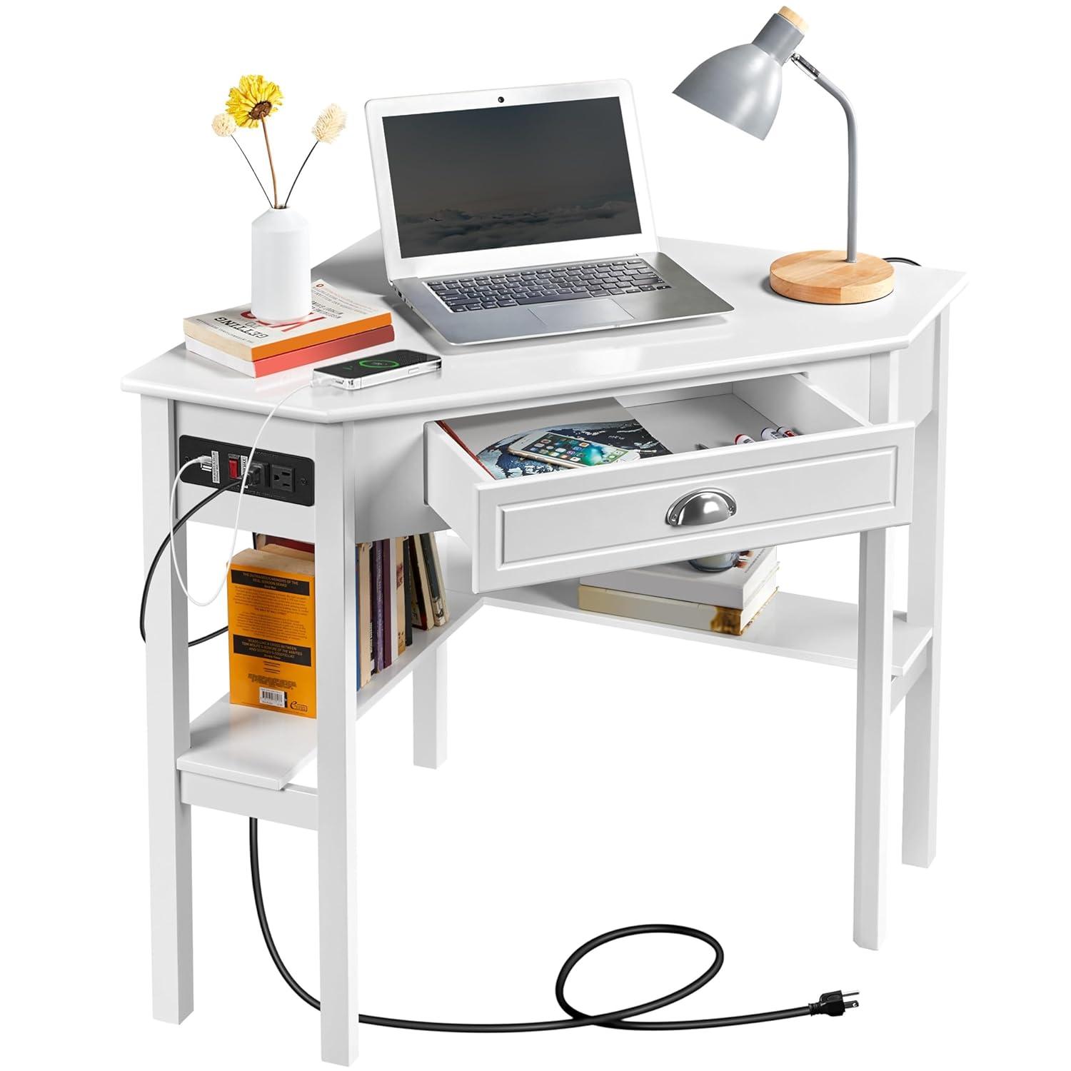 Yaheetech Corner Computer Desk Workstation with Power Outlet White