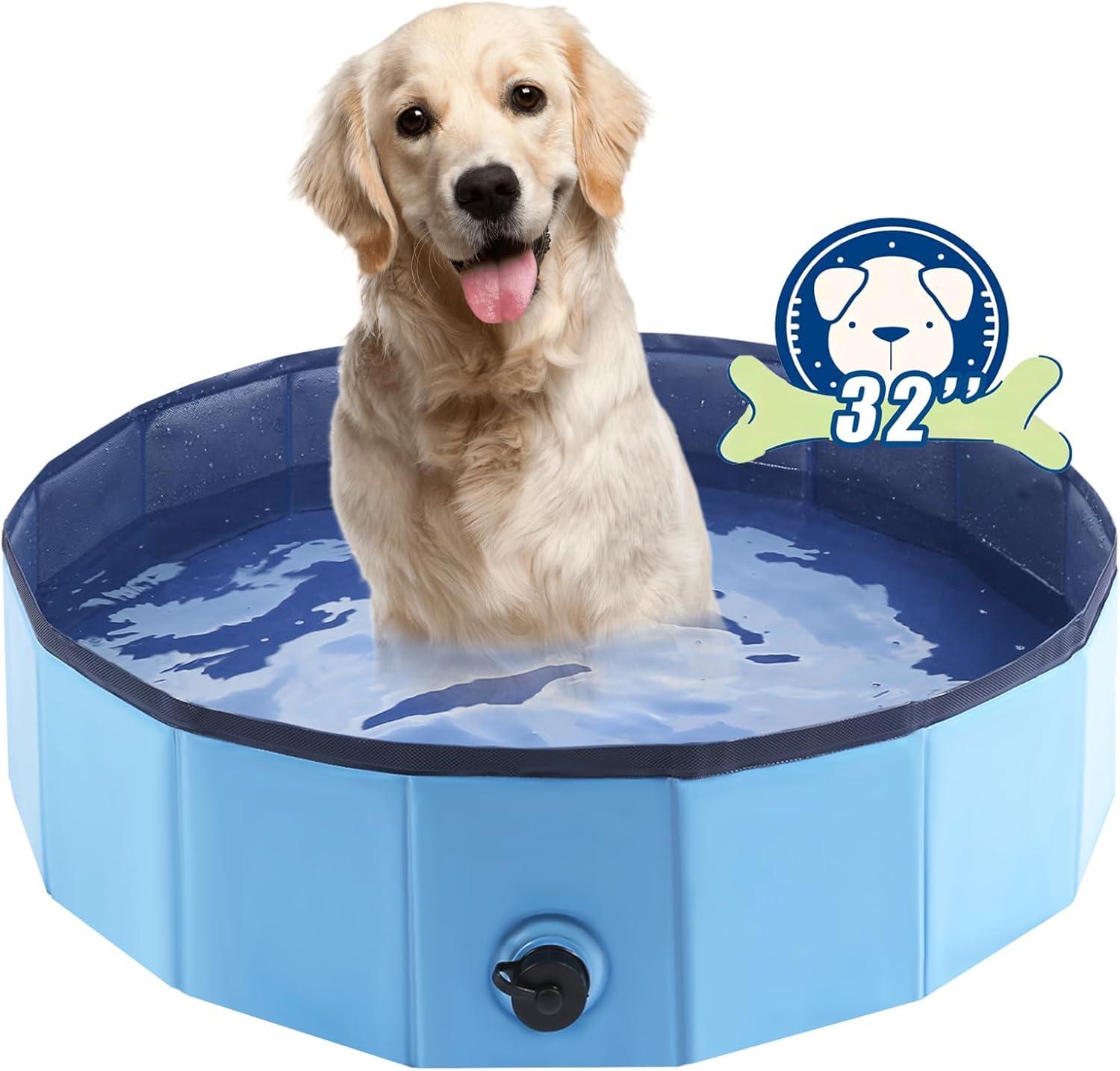 Foldable Dog Bath Swimming Pool Plastic Kiddie Pool Professional Tub Collapsible Grooming Bathtub for Pets Kids Baby and Toddler, 32 x 8 Inches Blue (Blue, S - 32'' x 8'')