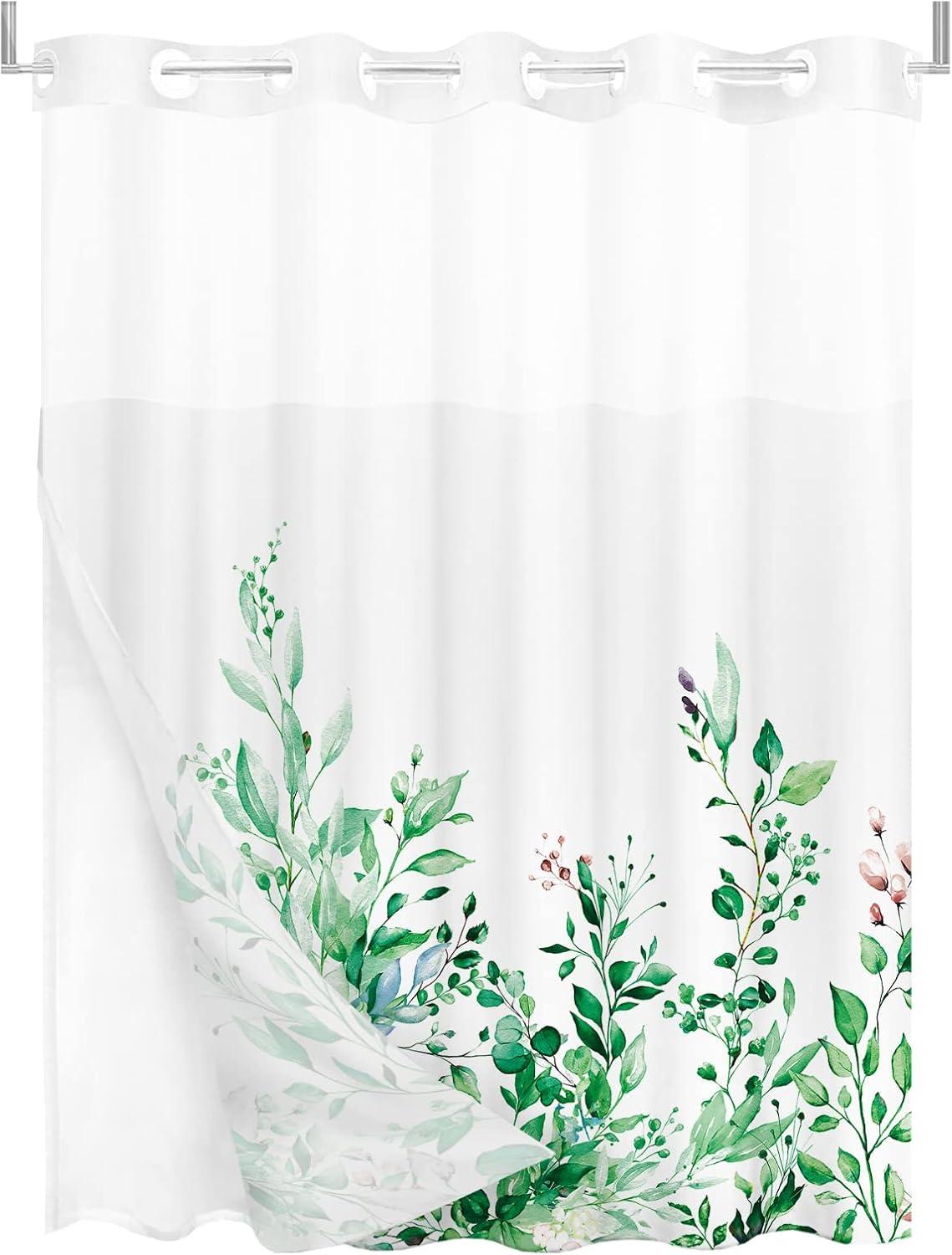 No Hook Shower Curtain with Snap in Liner, Eucalyptus Leaf Vintage Sage Green Leaves Hotel Shower Curtains for Bathroom, Washable Shower Curtain Liner Set with Mesh Top Window, 66"x72"