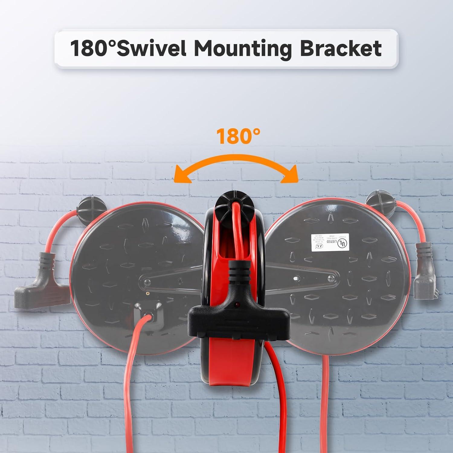 EP 30 Ft Retractable Extension Cord Reel, 16/3 SJTW Power Cord with 3 Electrical Outlets, Ceiling or Wall Mount, 10 Amp Circuit Breaker, Metal Plate, UL Listed, Red