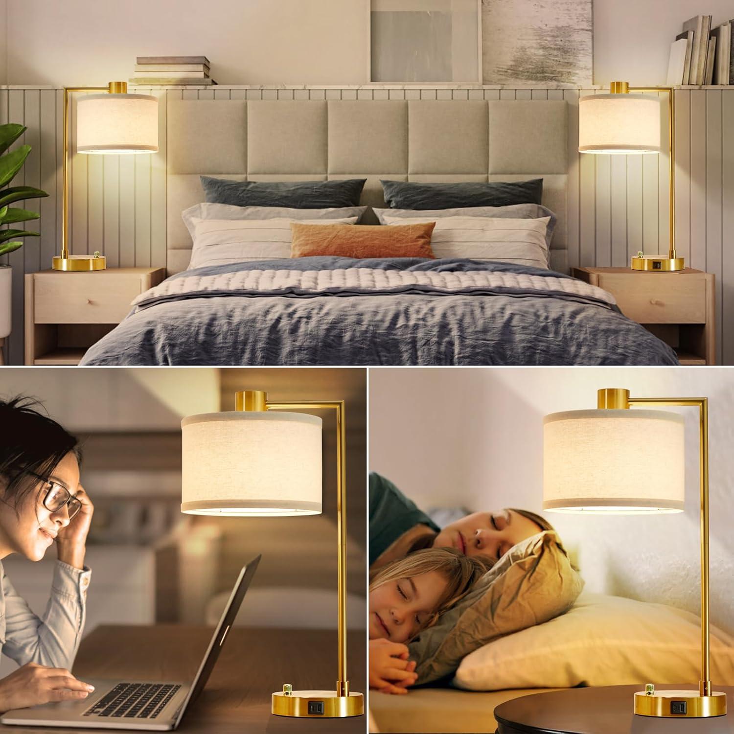 Table Lamp for Bedroom Set of 2 with USB C+A Ports, Fully Bedside Lamp with Linen Lampshade, Nightstand Lamp for Living Room Reading Office, 2 LED Bulbs Included (Gold)