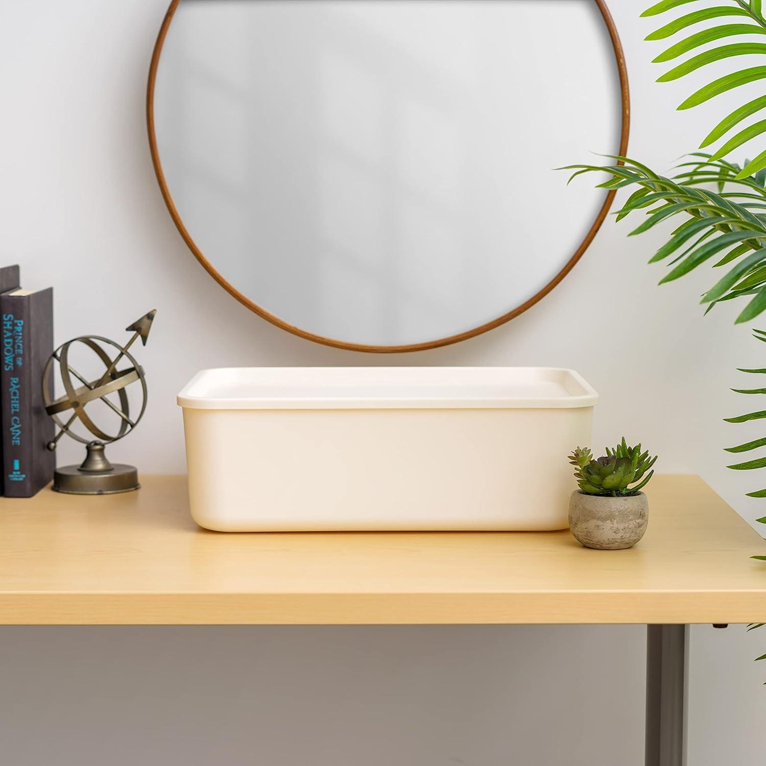 IRIS USA Plastic Modular Basket Bin & Lid, Medium, 4-Pack, Stackable Lidded Storage Organizer Bins for-Kitchen-Bathroom and Bedroom, OFF White