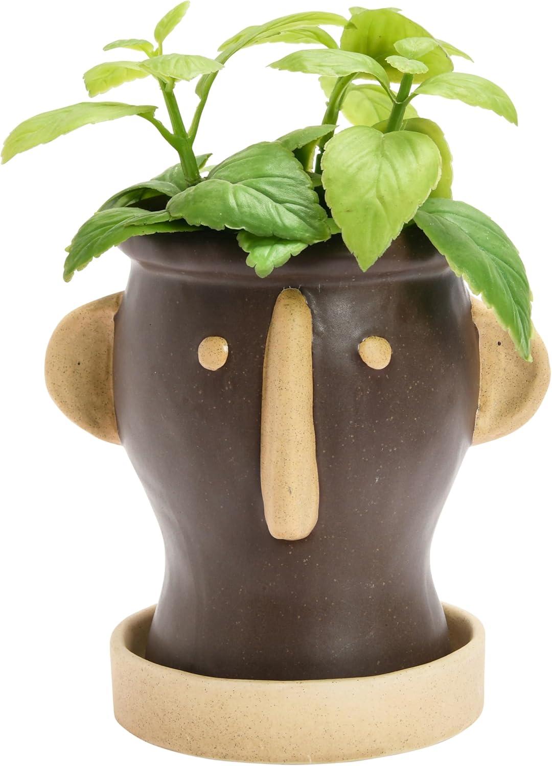 Creative Co-Op Creative Co-Op Stoneware Face Planter with Saucer, Matte Black and Cream